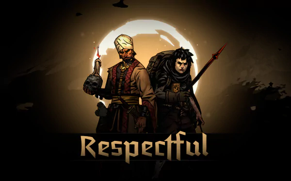 HD desktop wallpaper featuring two characters from Darkest Dungeon II, titled Respectful, set against a moody, shadowy background with a faint crimson hue.