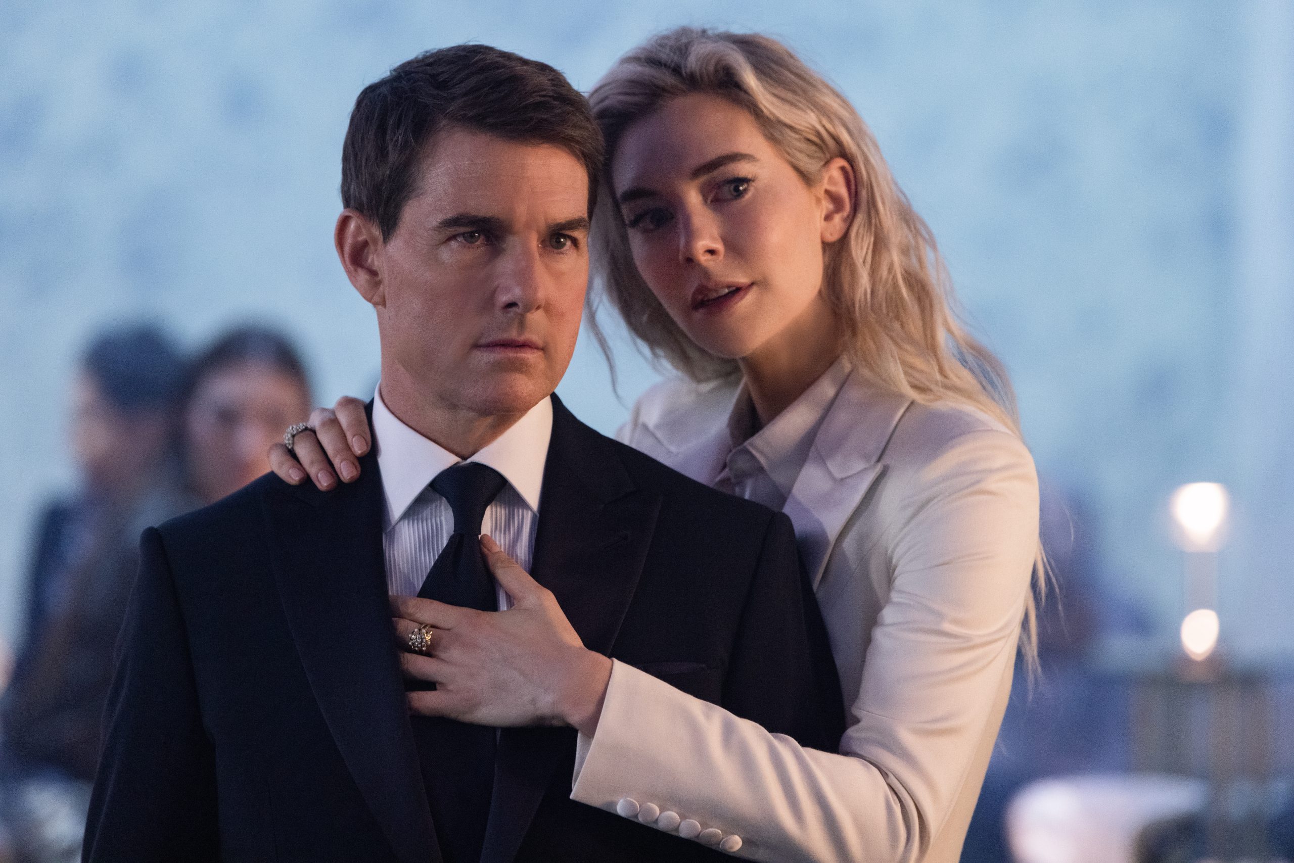 HD desktop wallpaper featuring a key moment from Mission: Impossible - Dead Reckoning Part One with the character Ethan Hunt played by the actor associated with the character, standing close with a female character in an intense scene.