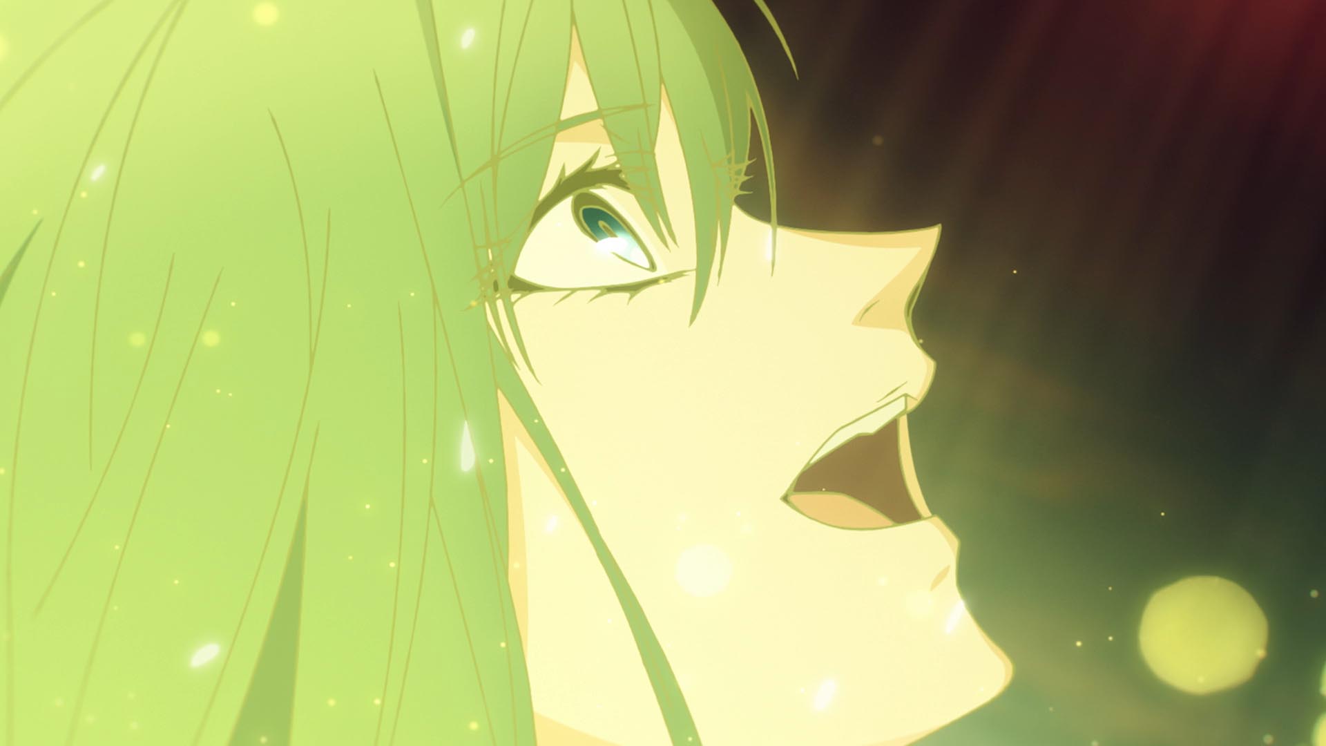 HD desktop wallpaper featuring a character from Fate/strange fake anime with green hair and an expressive face against a sparkly, green-tinted background, ideal for fans of the series looking for a vibrant backdrop.