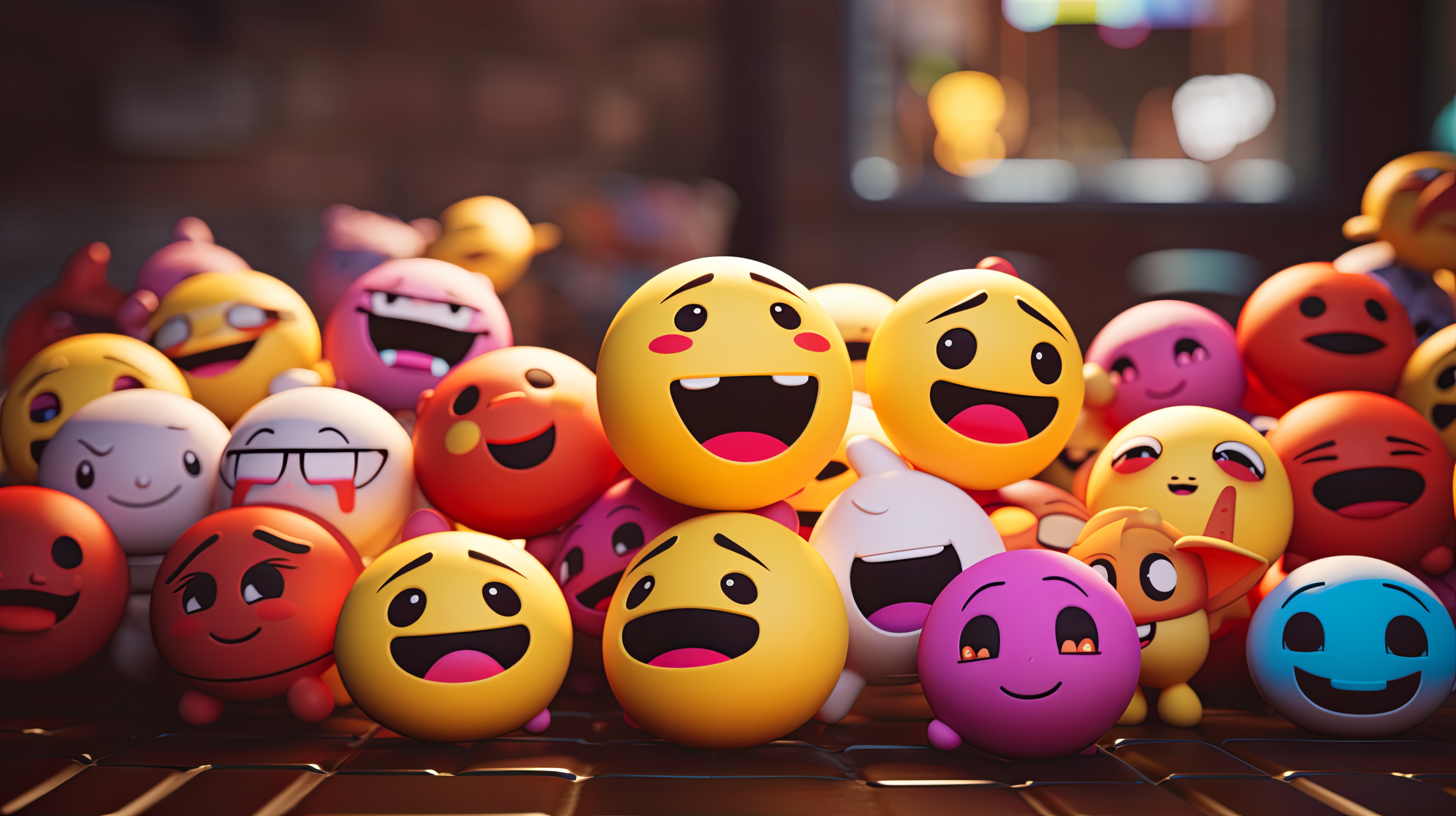 HD wallpaper with a variety of 3D emoji expressions on a blurred background, perfect for desktops and digital art enthusiasts.