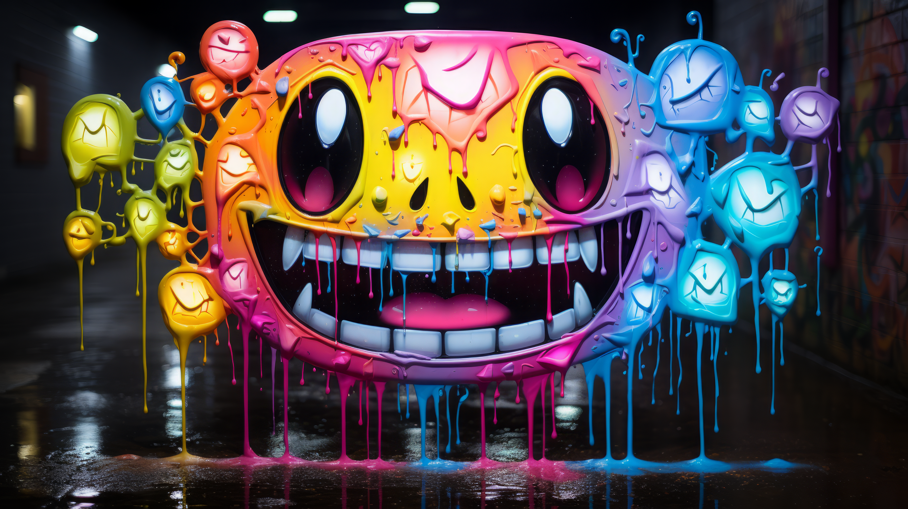 HD desktop wallpaper featuring colorful, graffiti-style emoji artwork with dripping paint, perfect for an AI Art-inspired background.