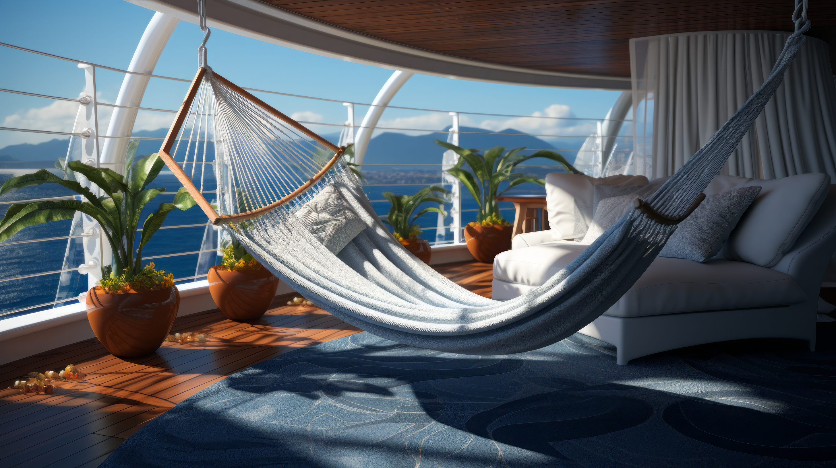 HD wallpaper of a serene balcony setting with a hammock, comfortable sofa, and potted plants overlooking a mountainous view, illustrating AI-generated art.