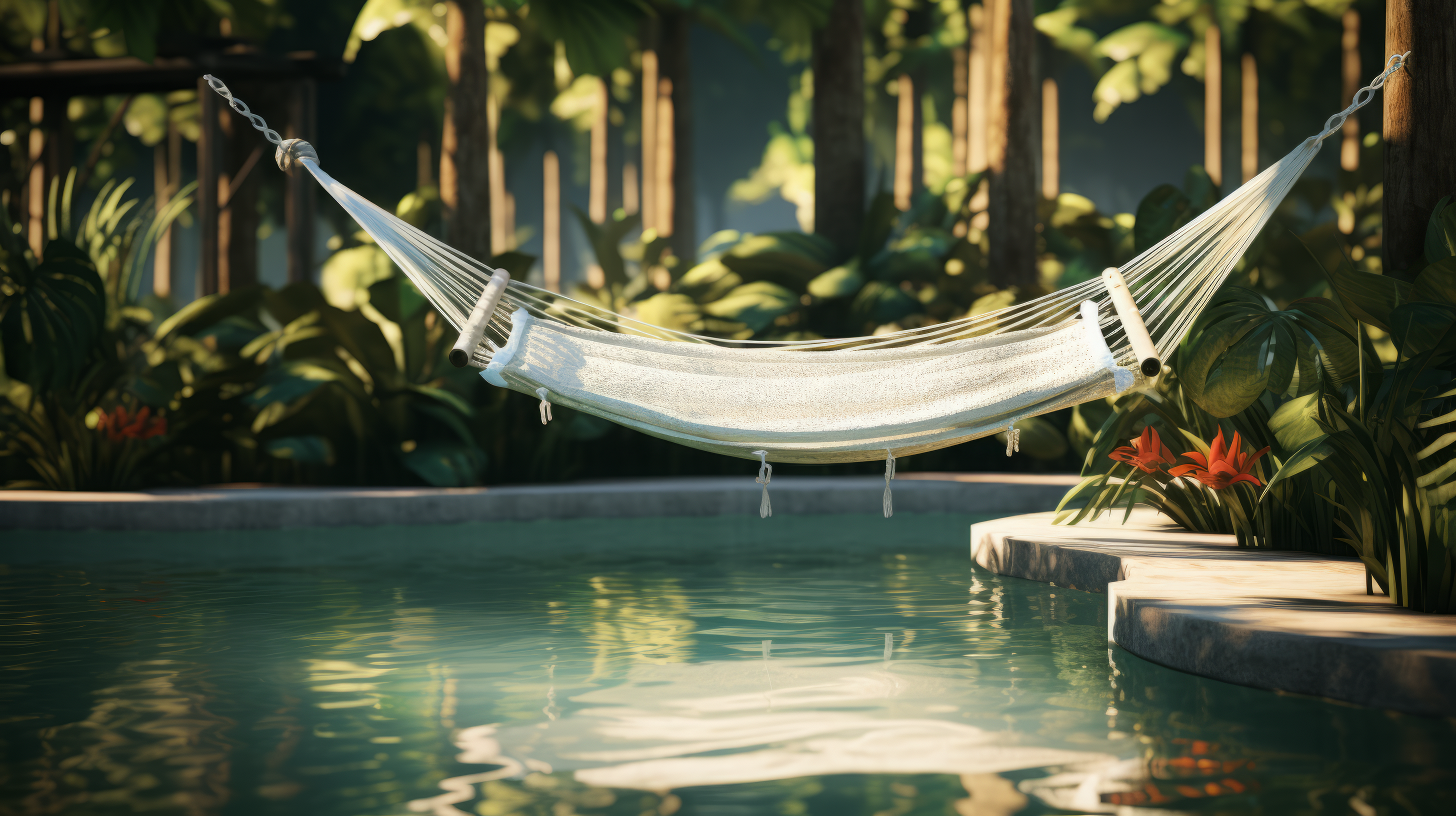 HD wallpaper of a tranquil hammock by the poolside with lush greenery, perfect for desktop background, created with AI art.