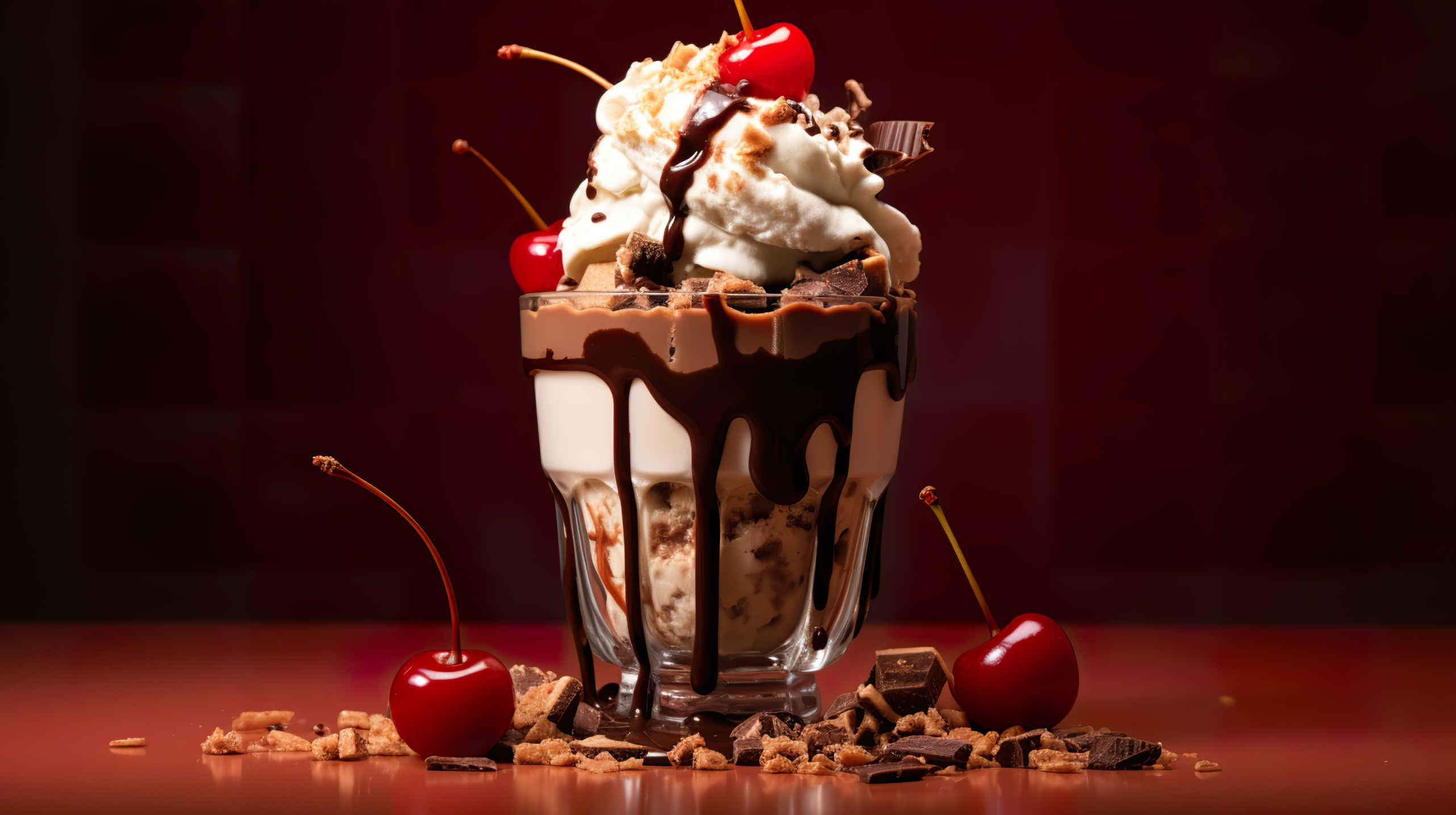 Decadent chocolate sundae topped with whipped cream and cherries, surrounded by chocolate pieces, perfect as a HD ice cream wallpaper for desktops.