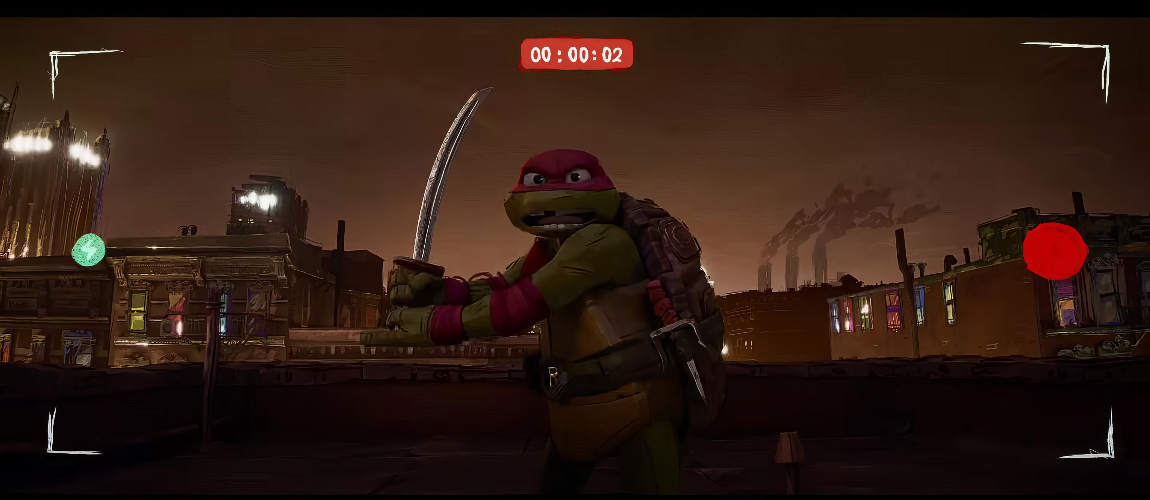 HD wallpaper of a Teenage Mutant Ninja Turtle from Mutant Mayhem, striking a dynamic pose with his sword on a city rooftop at dusk.