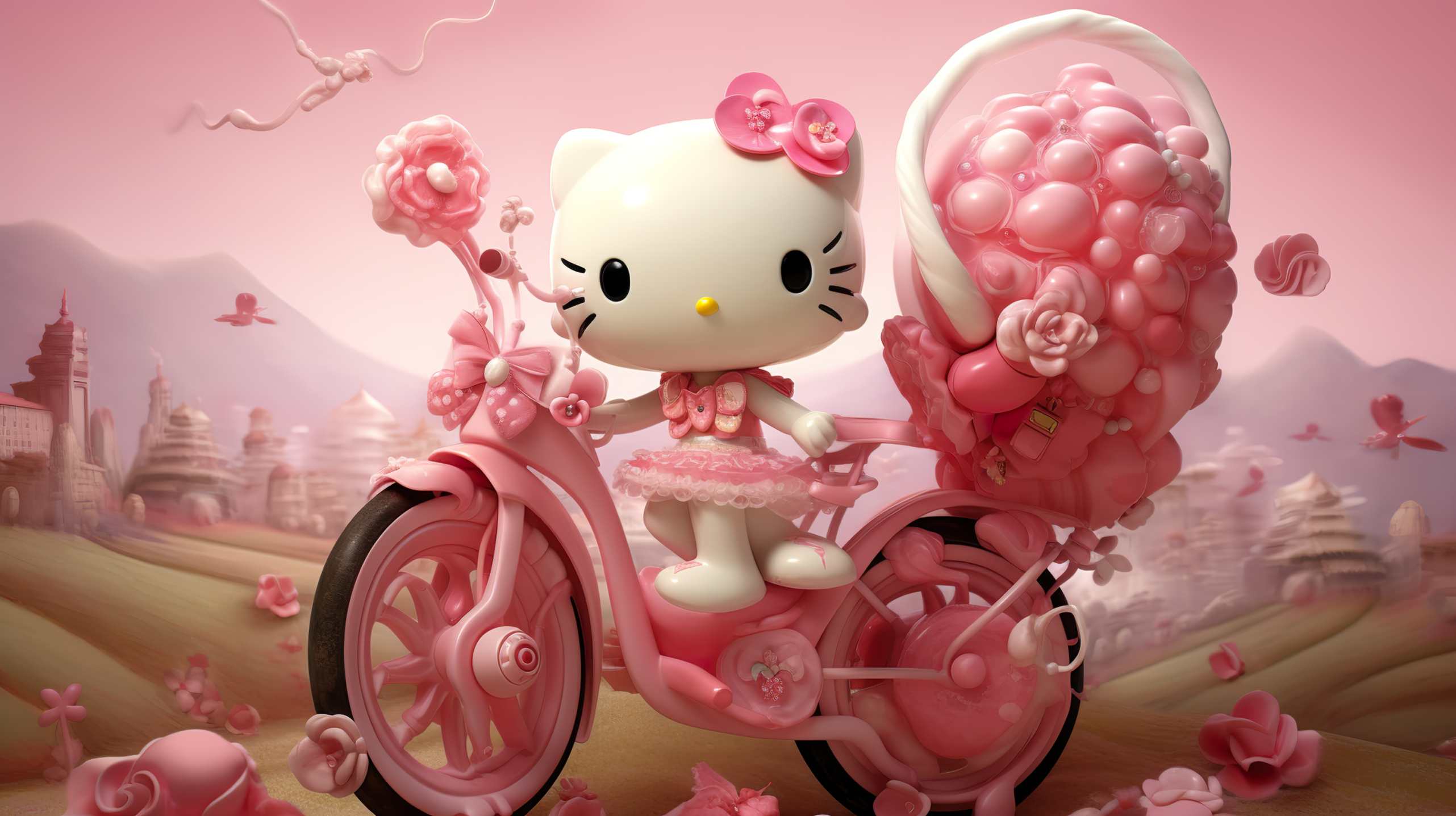 Hello Kitty on a bike HD desktop wallpaper with a pink floral background and balloons.