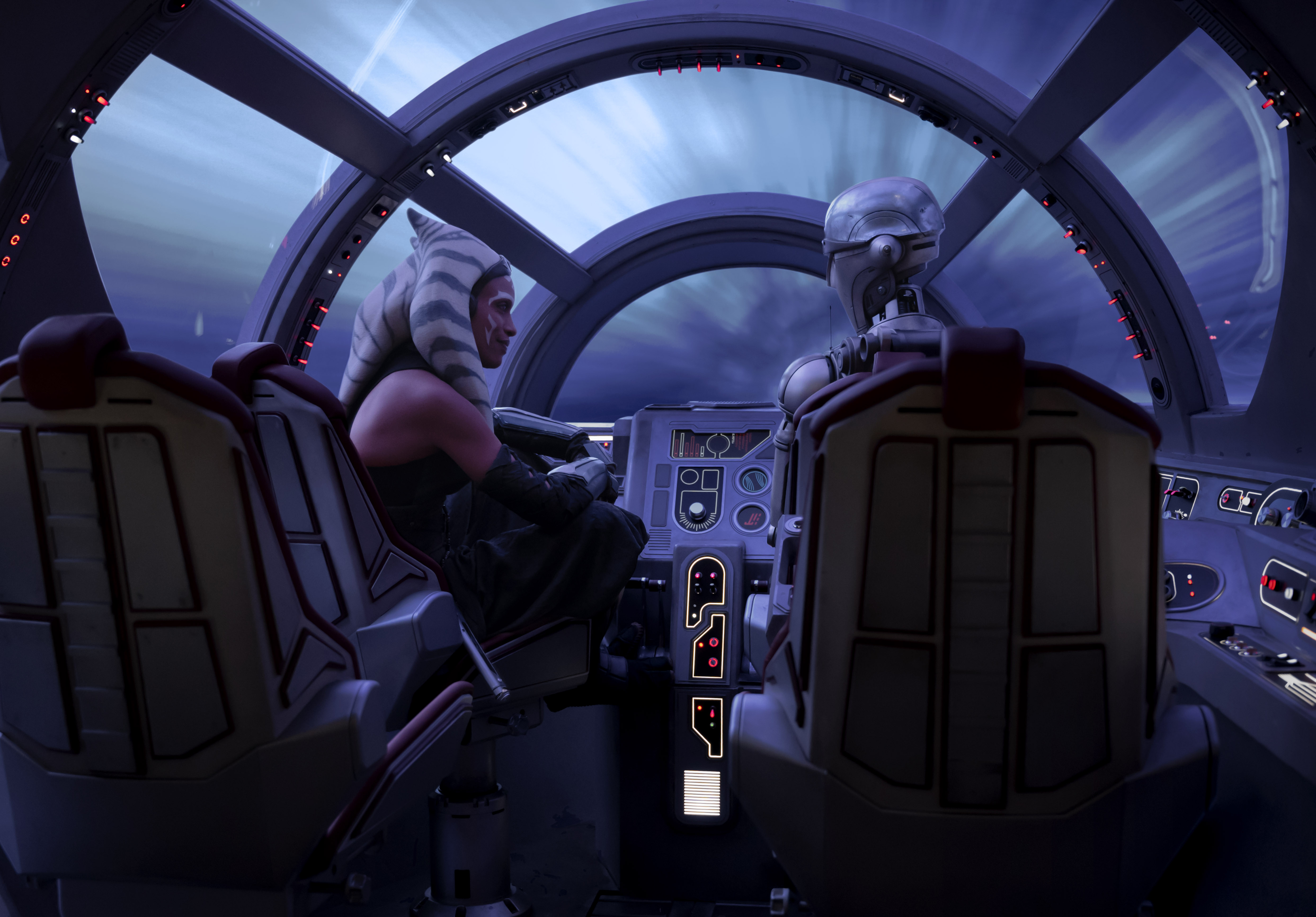 HD desktop wallpaper featuring Ahsoka in a spaceship cockpit with a dramatic view of space in the background.