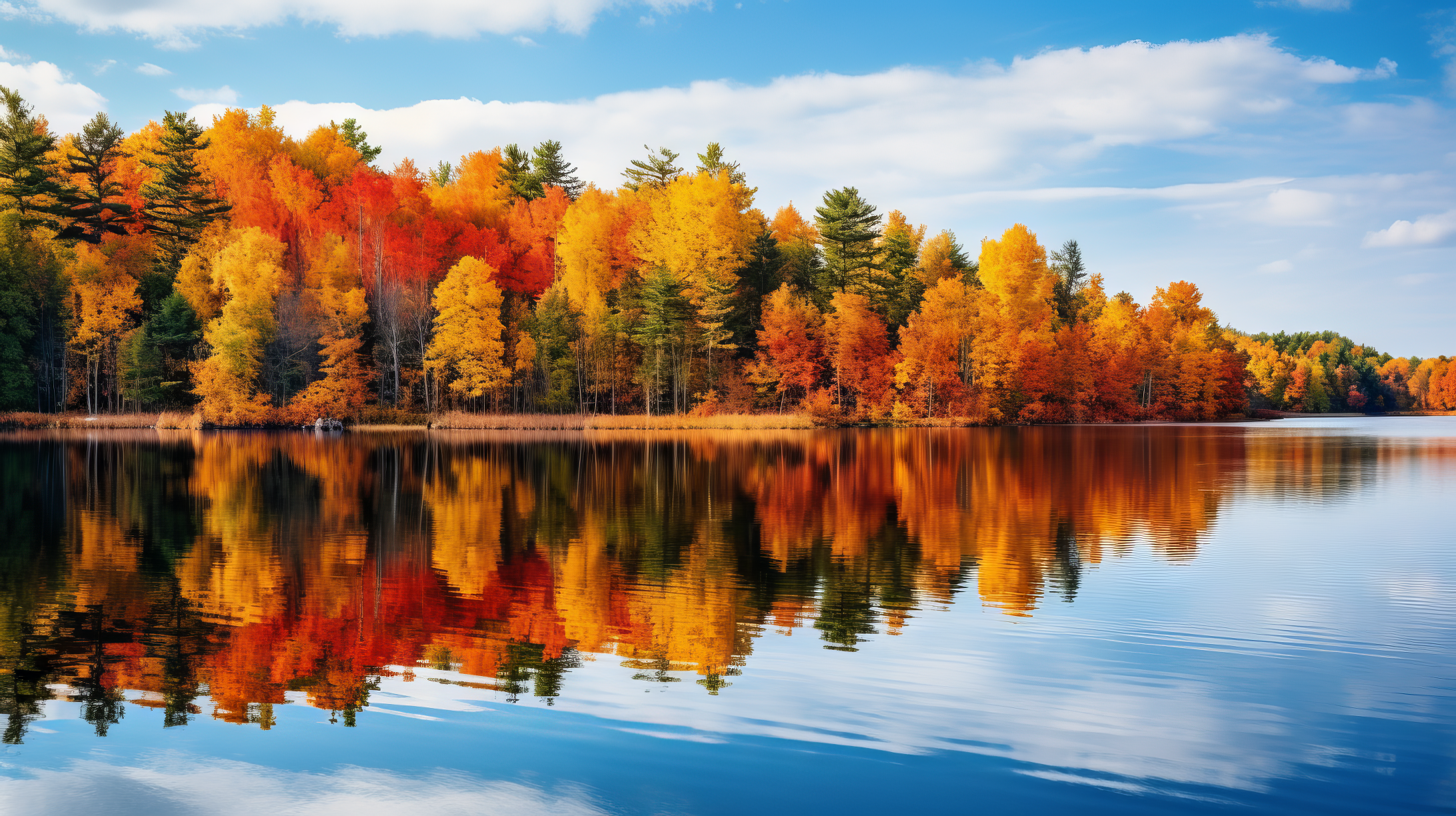 Colorful Fall Landscape Surrounded by Lake and Trees Wallpaper by patrika