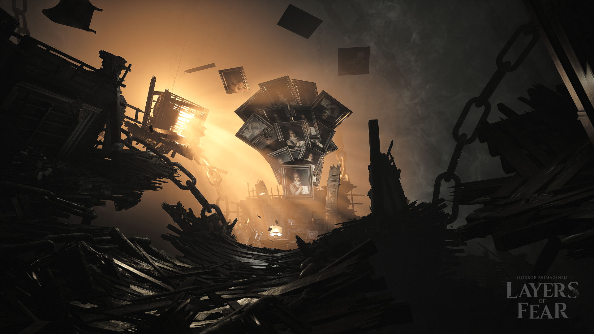 HD Layers of Fear game desktop wallpaper featuring a surreal, chaotic scene with floating, fragmented rooms amidst dark, twisted structures.