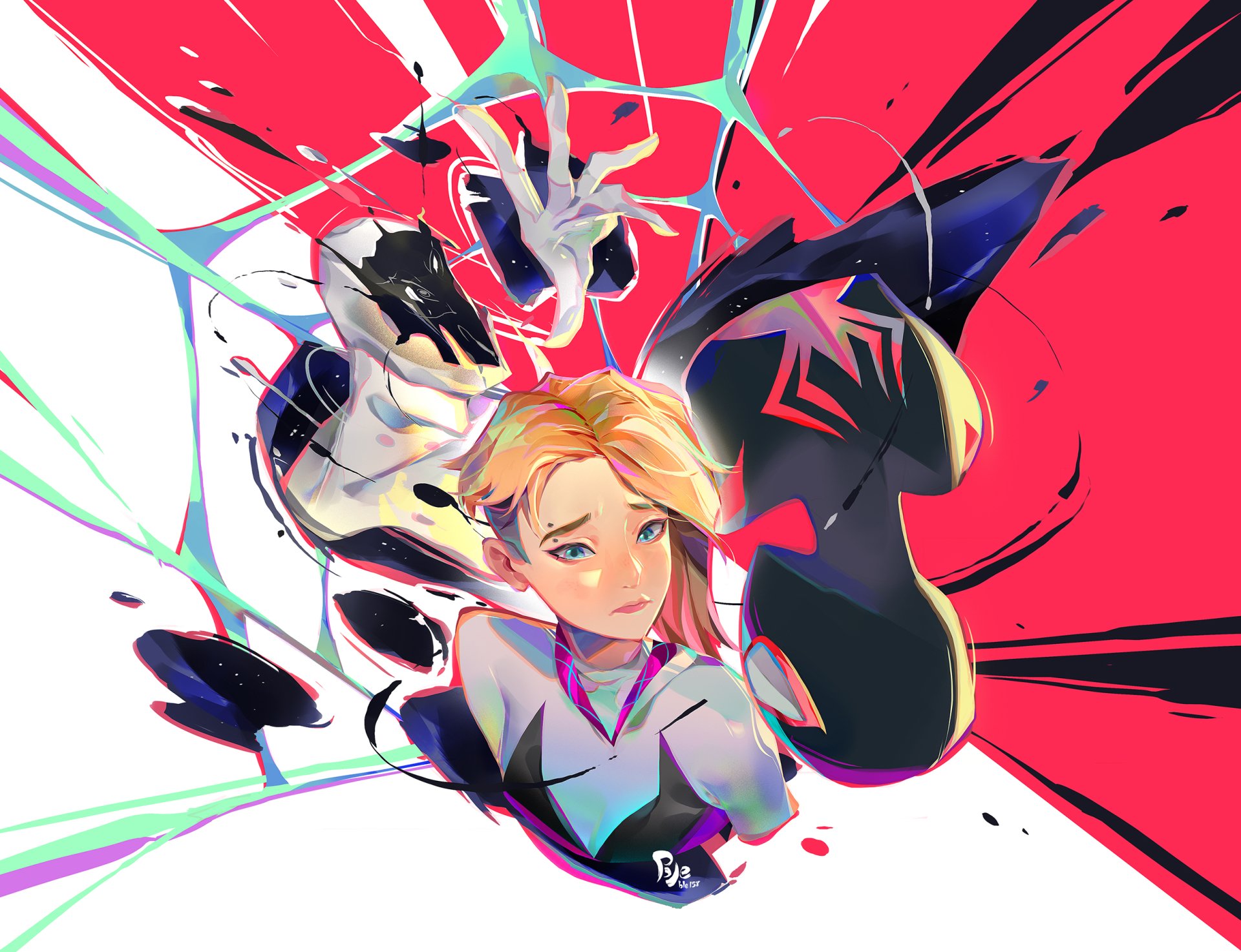 HD PC desktop wallpaper of Miles Morales and Gwen Stacy in dynamic action from the movie Spider-Man: Across the Spider-Verse with vibrant red, black, and white colors.