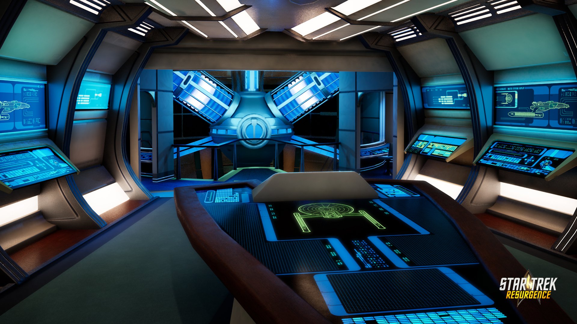 HD desktop wallpaper featuring the interior of a Starship from Star Trek: Resurgence with futuristic control panels and holographic displays.