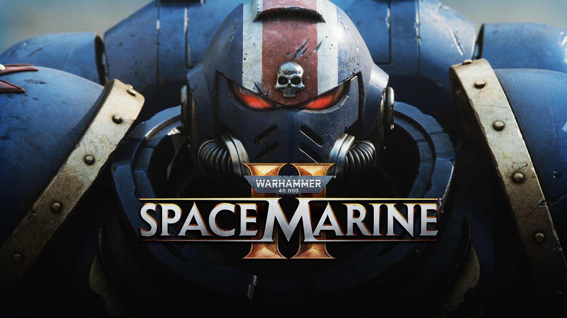 Warhammer 40,000: Space Marine II HD desktop wallpaper featuring close-up of Space Marine helmet with game logo.