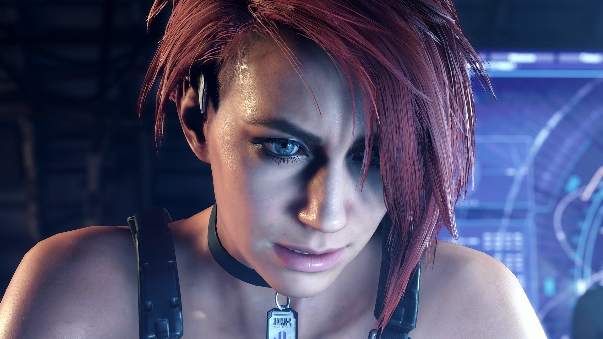 HD Exoprimal Desktop Wallpaper featuring close-up of a female character with red hair and futuristic backdrop.