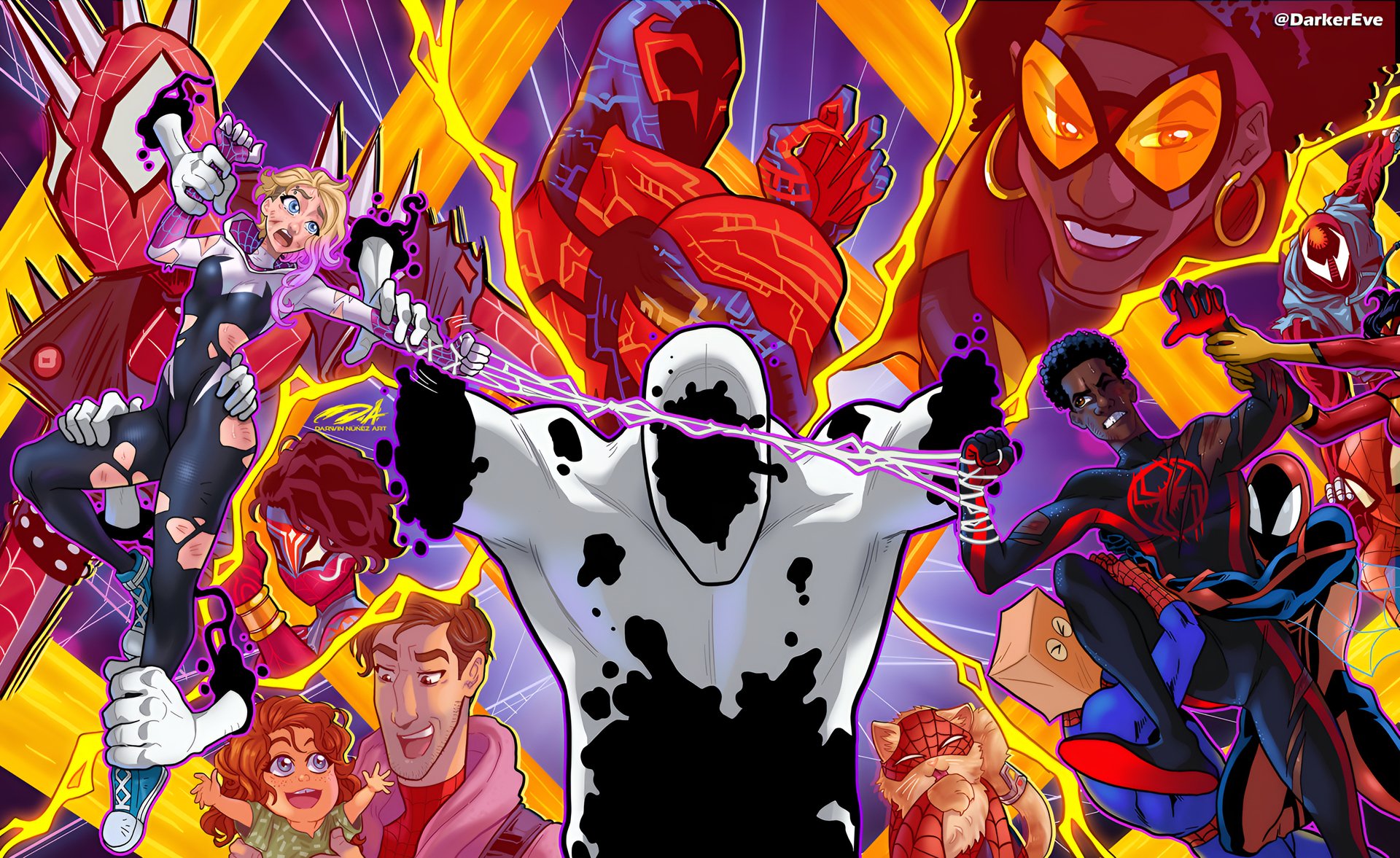 HD desktop wallpaper for Spider-Man: Across The Spider-Verse featuring multiple animated Spider-People against a vibrant background.