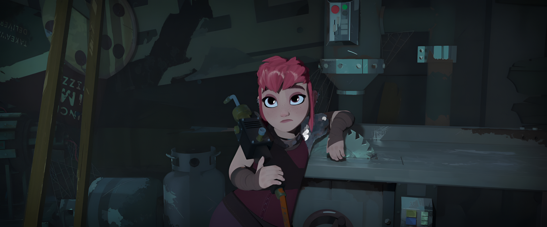 HD desktop wallpaper featuring the animated character Nimona leaning on a workbench in a dimly lit room, exuding a sense of adventure and mischief.