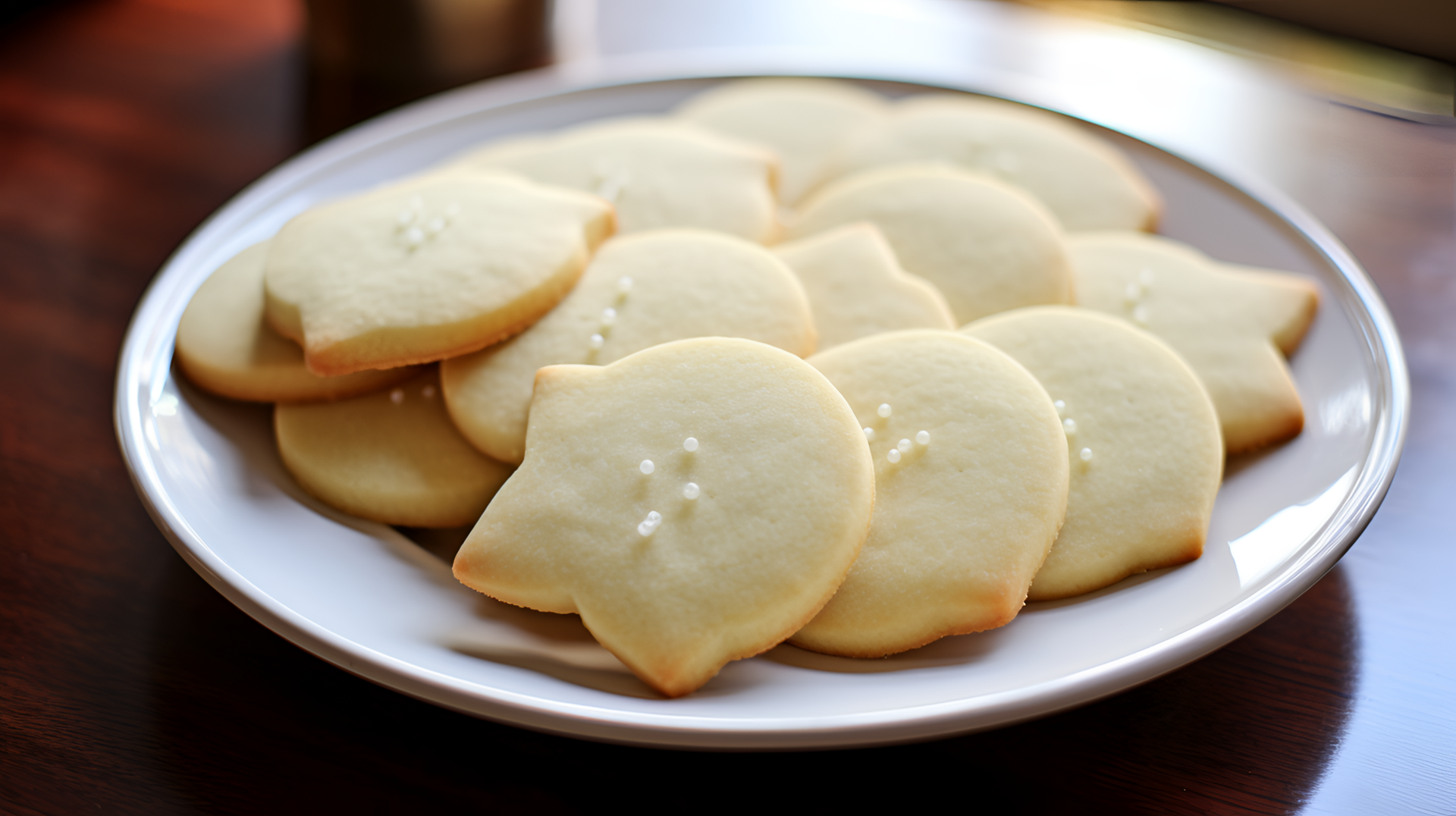 A plate of beautifully decorated sugar cookies, shaped like leaves, arranged on a wooden surface, creating a delightful food-themed HD desktop wallpaper and background.