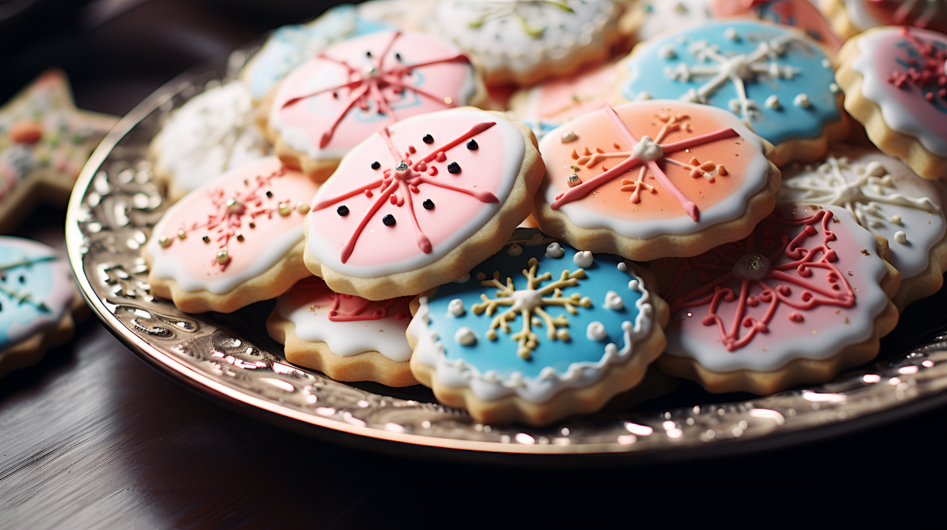 A beautifully arranged platter of colorful sugar cookies, decorated with intricate icing in snowflake patterns. This HD desktop wallpaper adds a sweet touch to any background.