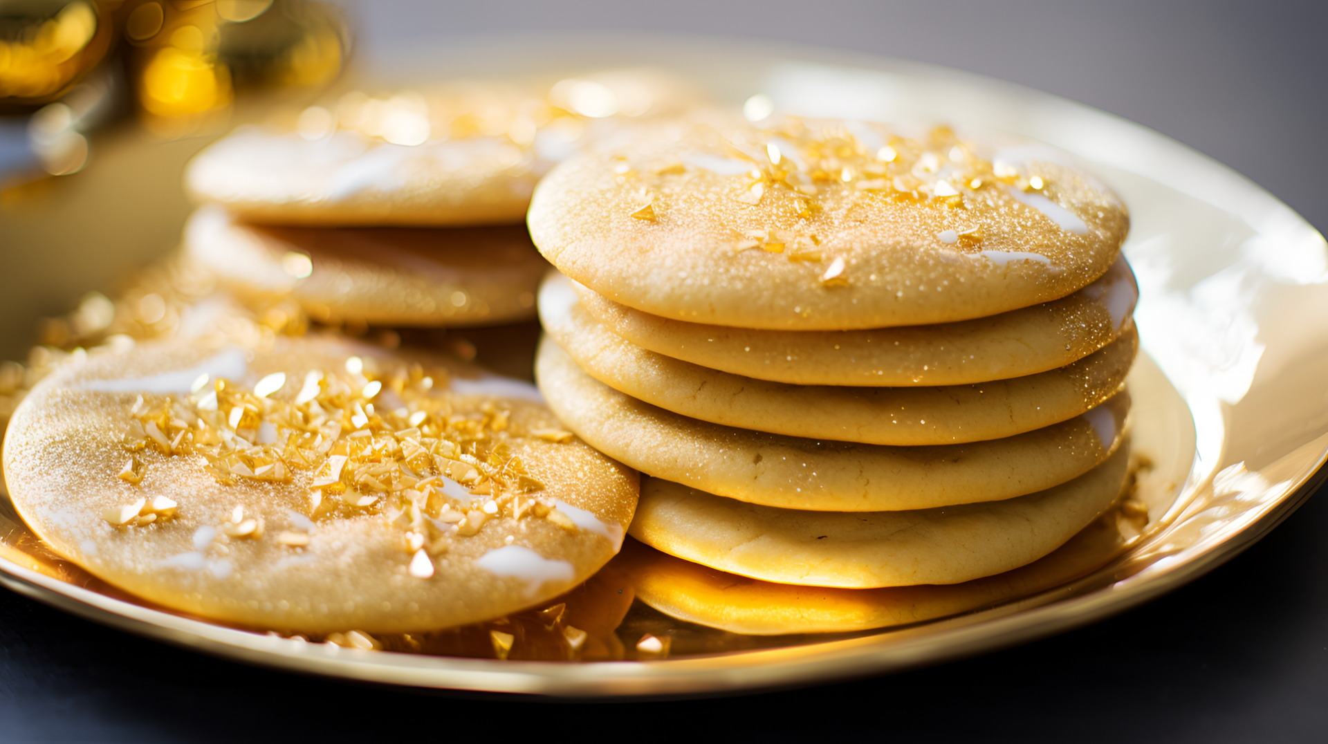 A close-up of sugar cookies with shimmering golden sprinkles, arranged on a shiny plate, creating an inviting and delicious HD desktop wallpaper background.