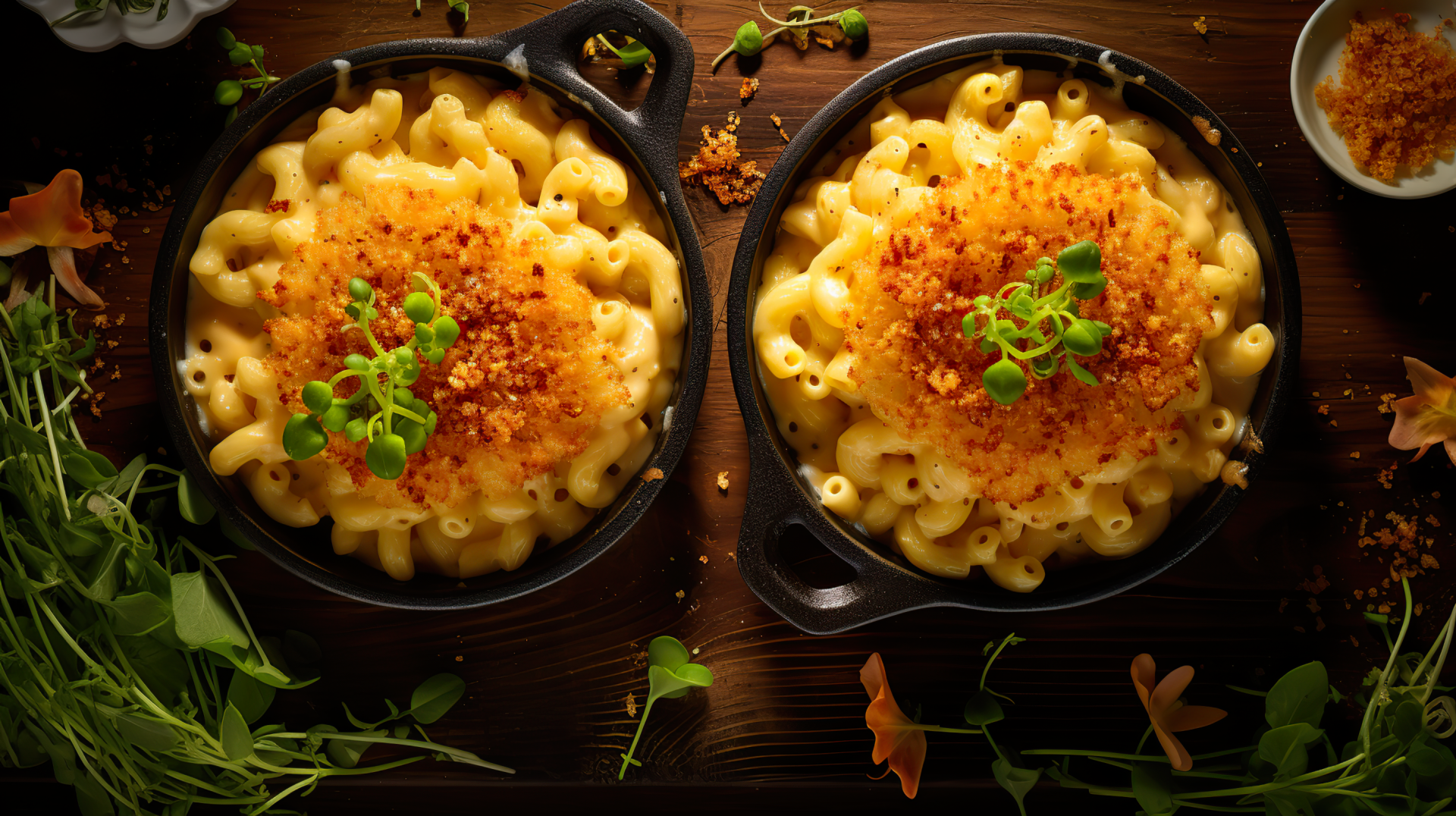 HD wallpaper of two servings of creamy mac and cheese in cast iron skillets, garnished with green onions and crispy breadcrumbs, set on a dark wooden table surrounded by herbs.