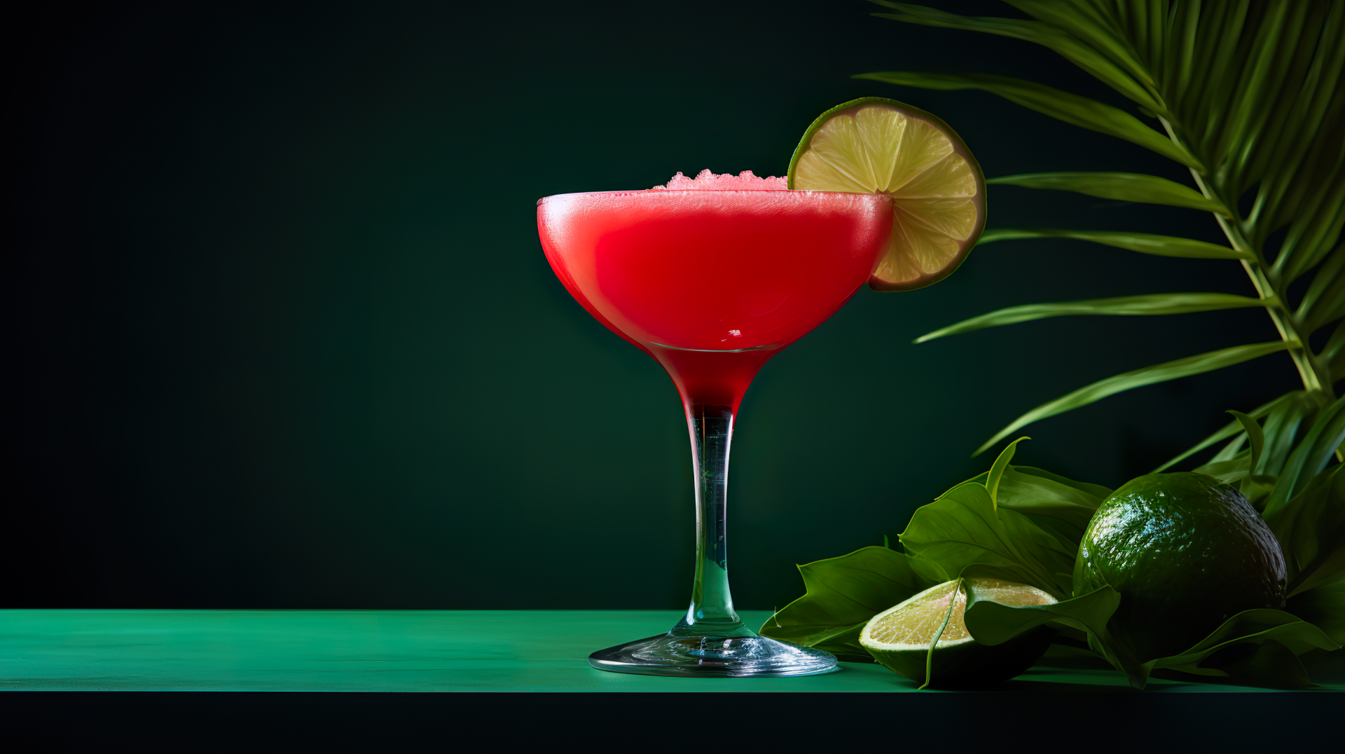 HD wallpaper of a vibrant red Daiquiri cocktail in a glass, garnished with a lime slice, set against a dark green background with fresh lime and leaves.