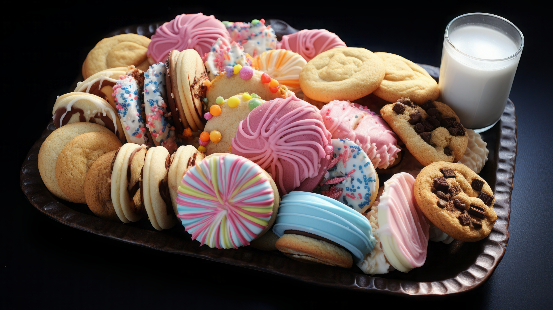 A vibrant assortment of sugar cookies, including frosted and decorated varieties, arranged on a tray alongside a glass of milk, featured as a high-definition desktop wallpaper.