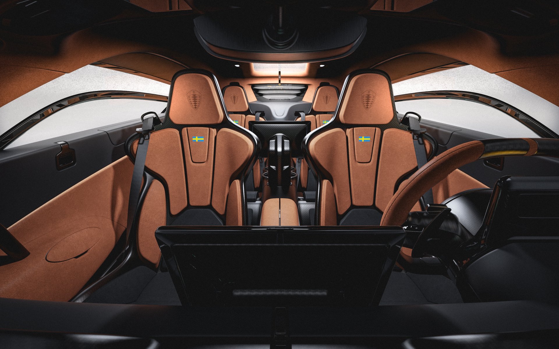 HD desktop wallpaper of the luxurious brown and black interior of a Koenigsegg Gemera, showcasing its four-seat arrangement and sleek design elements.