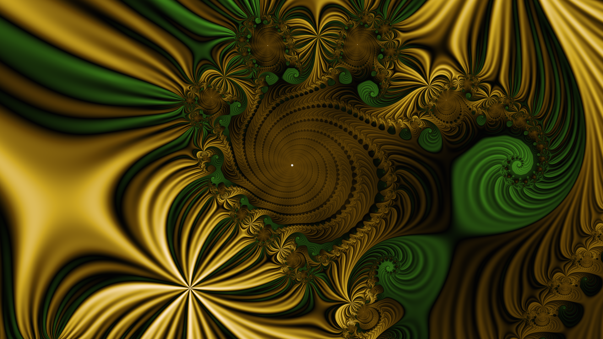 4K Ultra HD PC desktop wallpaper: trippy psychedelic yellow-green fractal with swirling abstract petals and spirals converging into a dark central vortex.