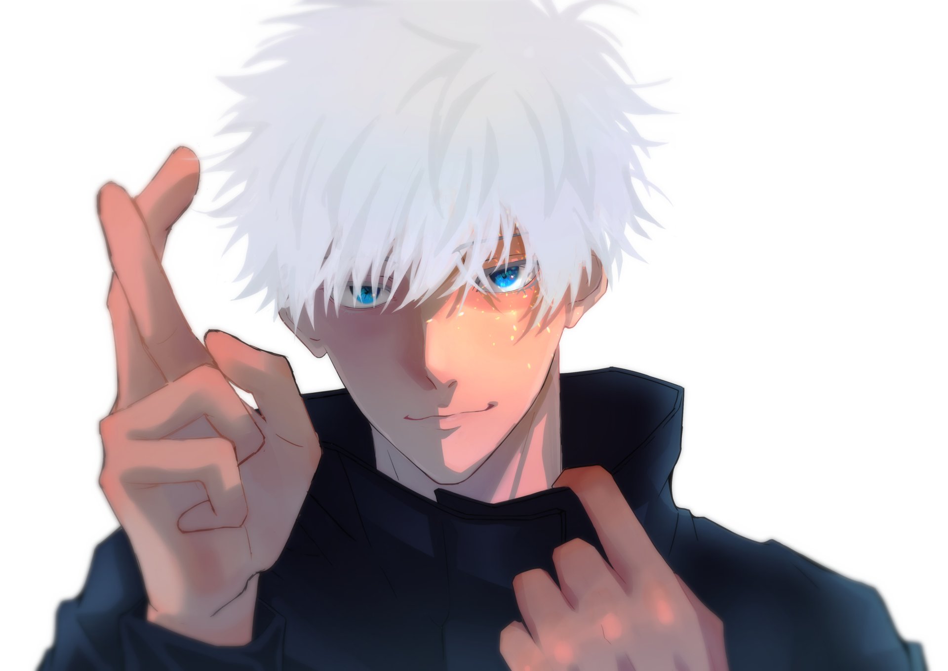 Satoru Gojo from Jujutsu Kaisen depicted in vibrant 4K Ultra HD anime style, featuring his signature white hair and intense blue eyes against a minimalist background.