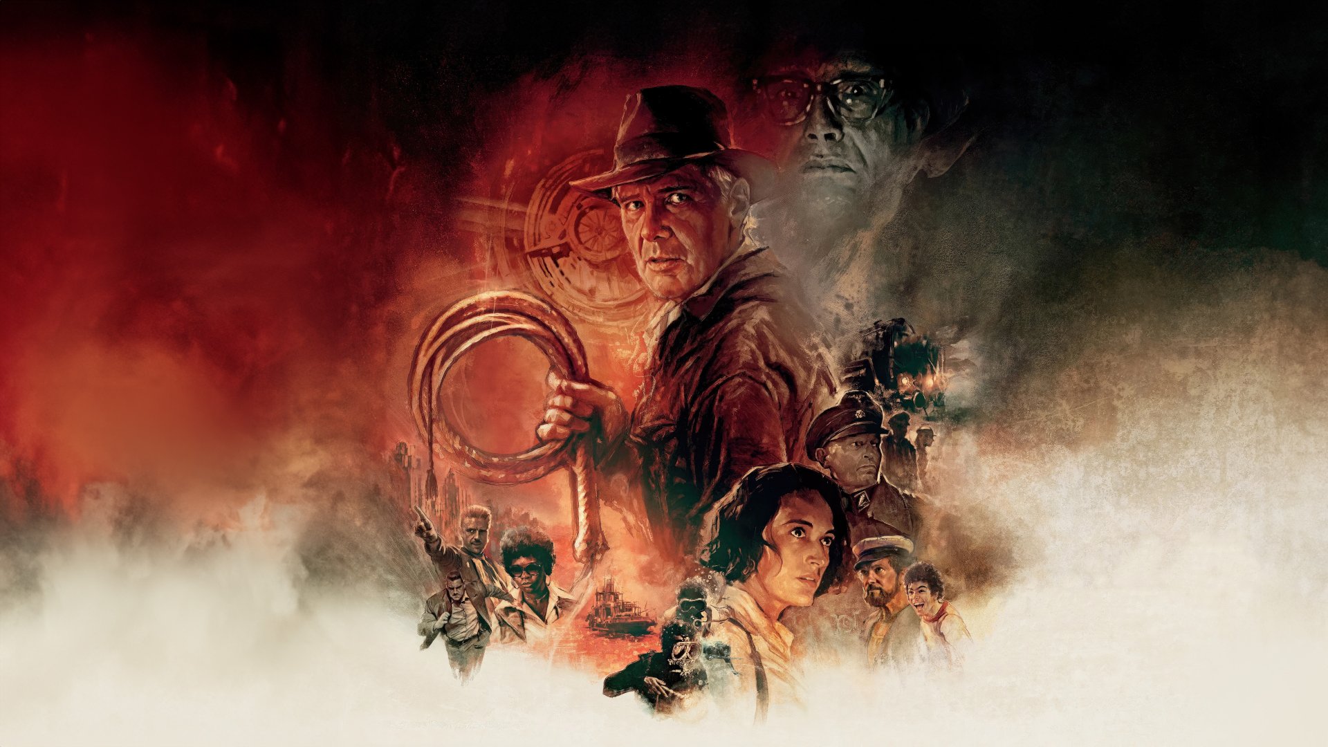 4K Ultra HD desktop wallpaper featuring a dramatic collage of characters from the movie Indiana Jones and the Dial of Destiny with intense red and dark tones.