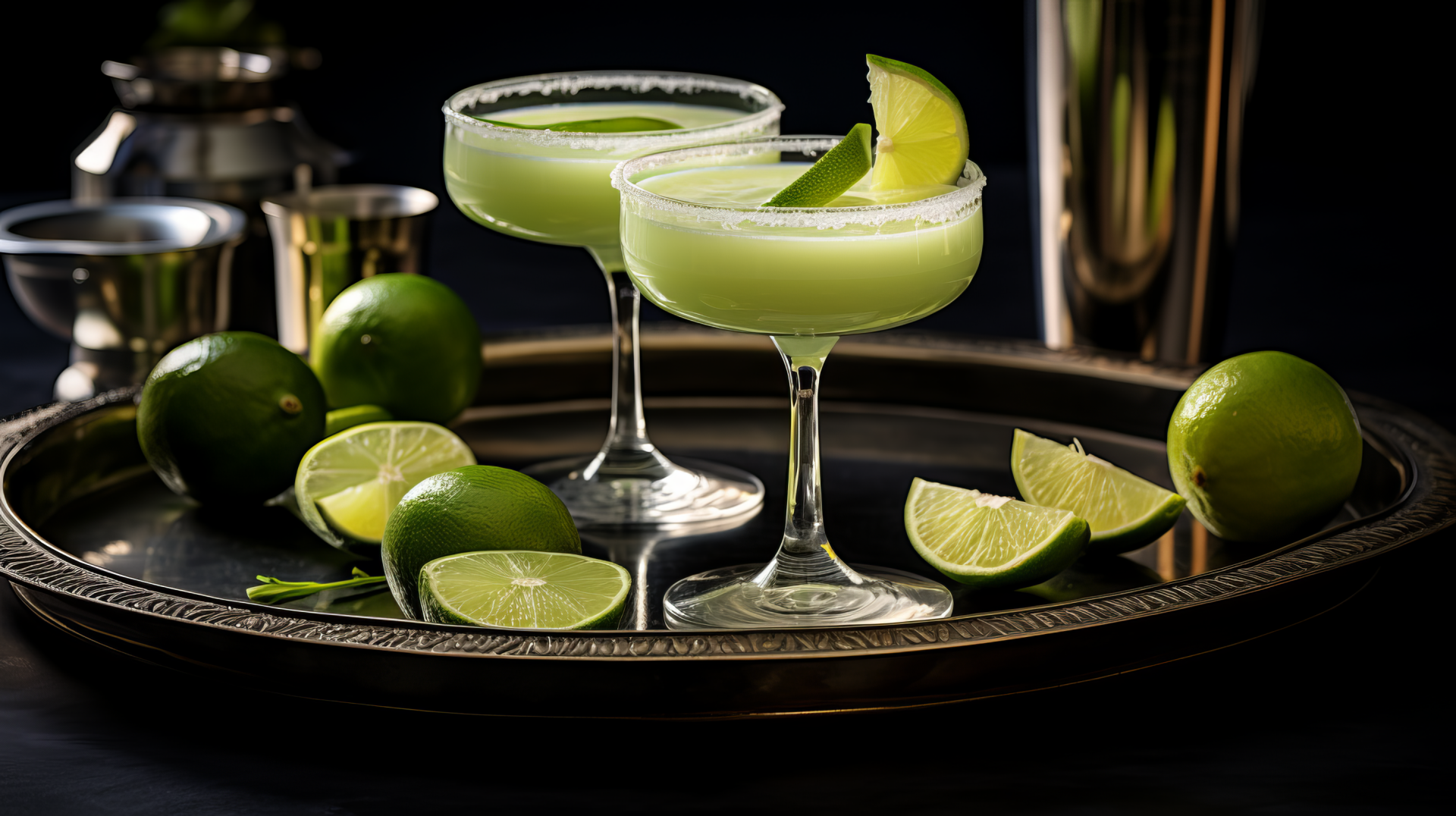 A stunning HD desktop wallpaper featuring vibrant daiquiris on a tray, surrounded by fresh limes. This AI art captures the refreshing essence of gourmet cocktails beautifully.