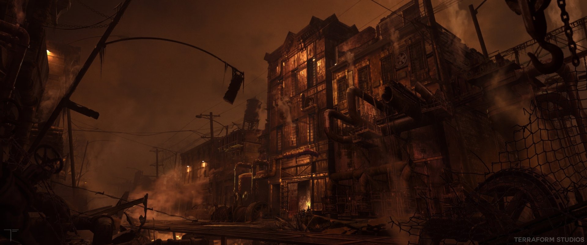 HD wallpaper of a haunting Silent Hill: Ascension scene featuring a dilapidated building amidst eerie fog.