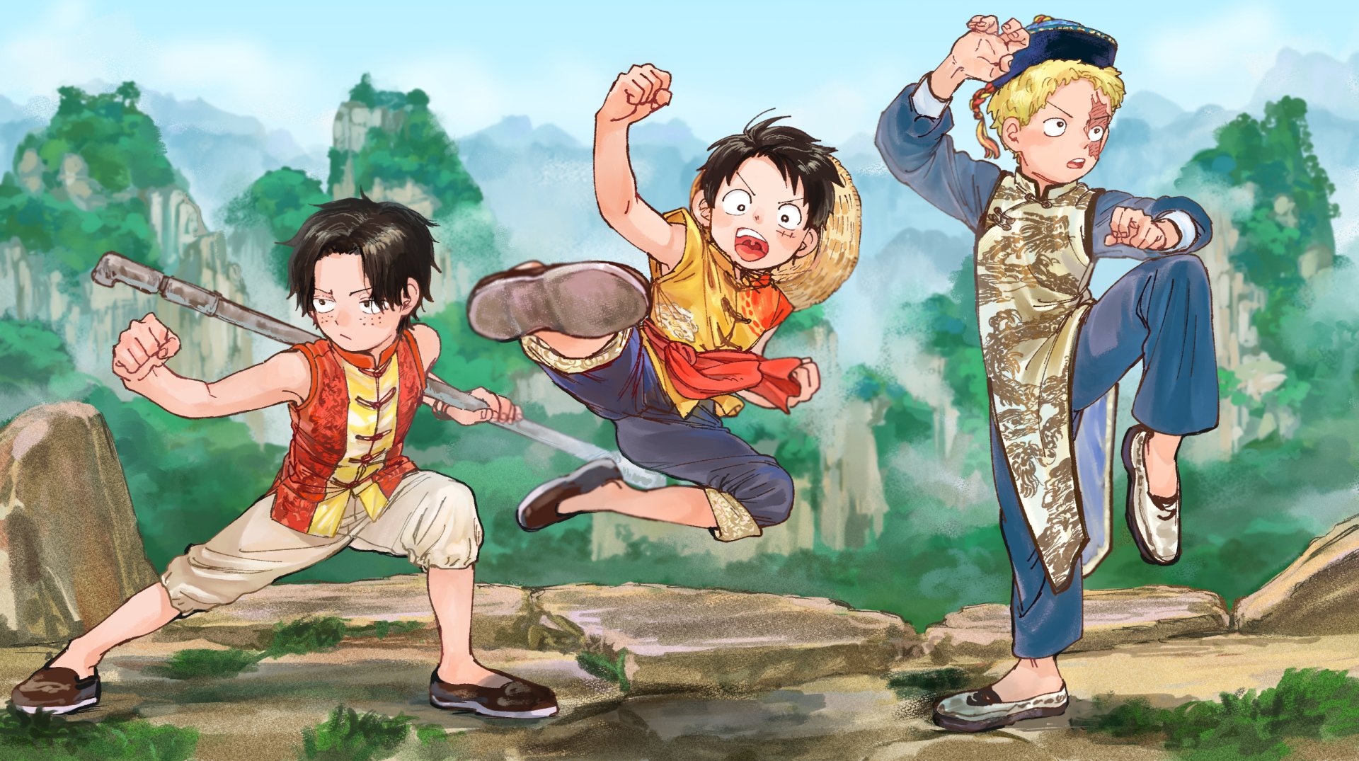 HD anime desktop wallpaper featuring Sabo, Monkey D. Luffy, and Portgas D. Ace from One Piece in dynamic martial arts poses with a mountainous background.