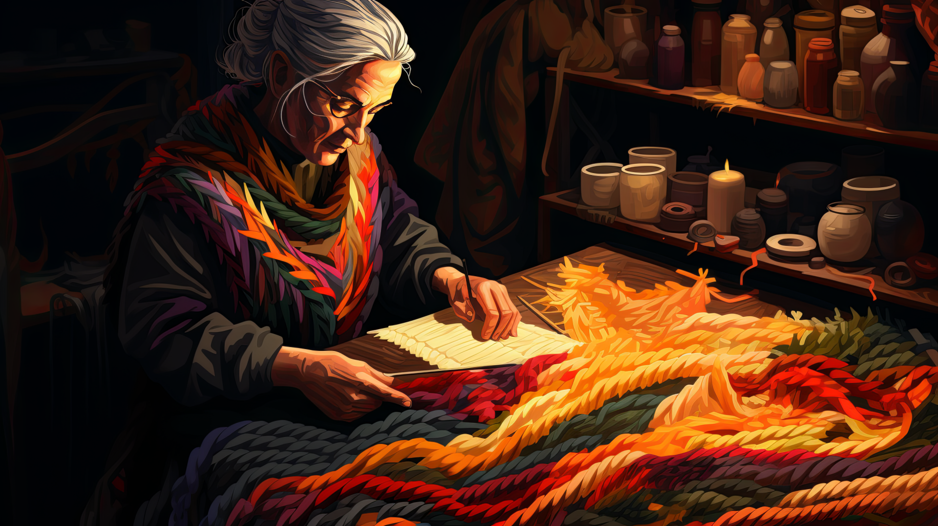 Artistic HD wallpaper of an AI-generated grandmother figure weaving a vibrant, colorful textile in a cozy, dimly-lit setting, surrounded by pottery.