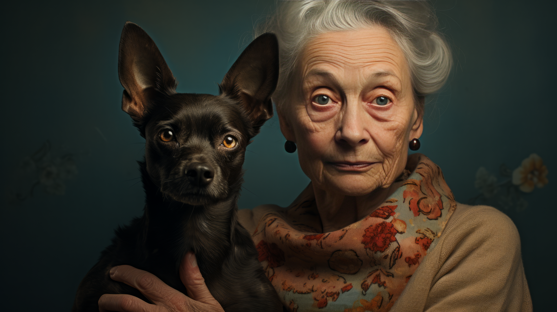 A striking AI art image of a grandmother with silver hair, wearing a floral scarf, posing closely with a black dog, set against a soft, muted background, creating a warm, engaging atmosphere.