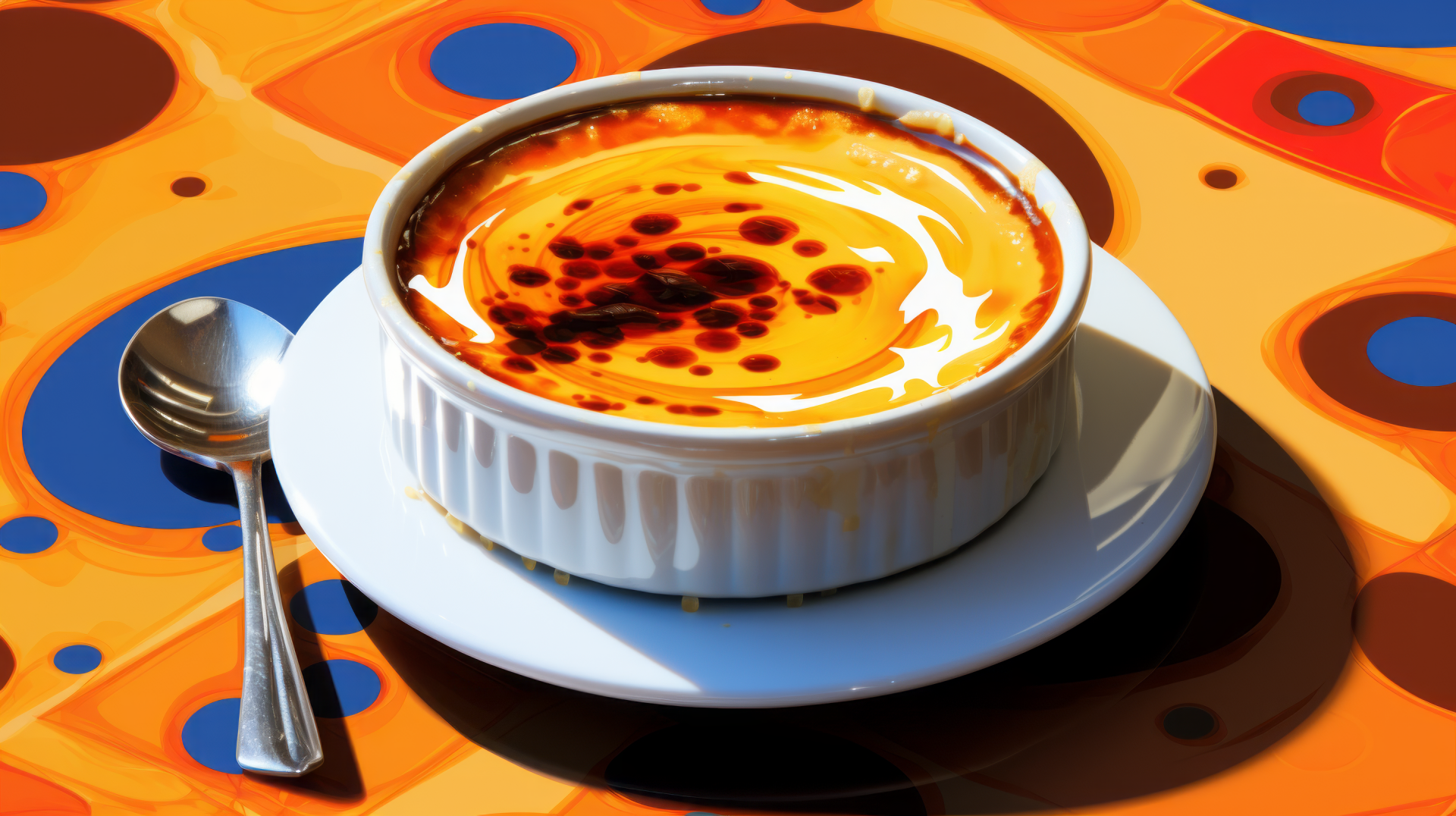 Alt Text: High-definition desktop wallpaper featuring a delicious Crème Brûlée in a white ramekin with a caramelized top, accompanied by a spoon on a colorful, abstract background.