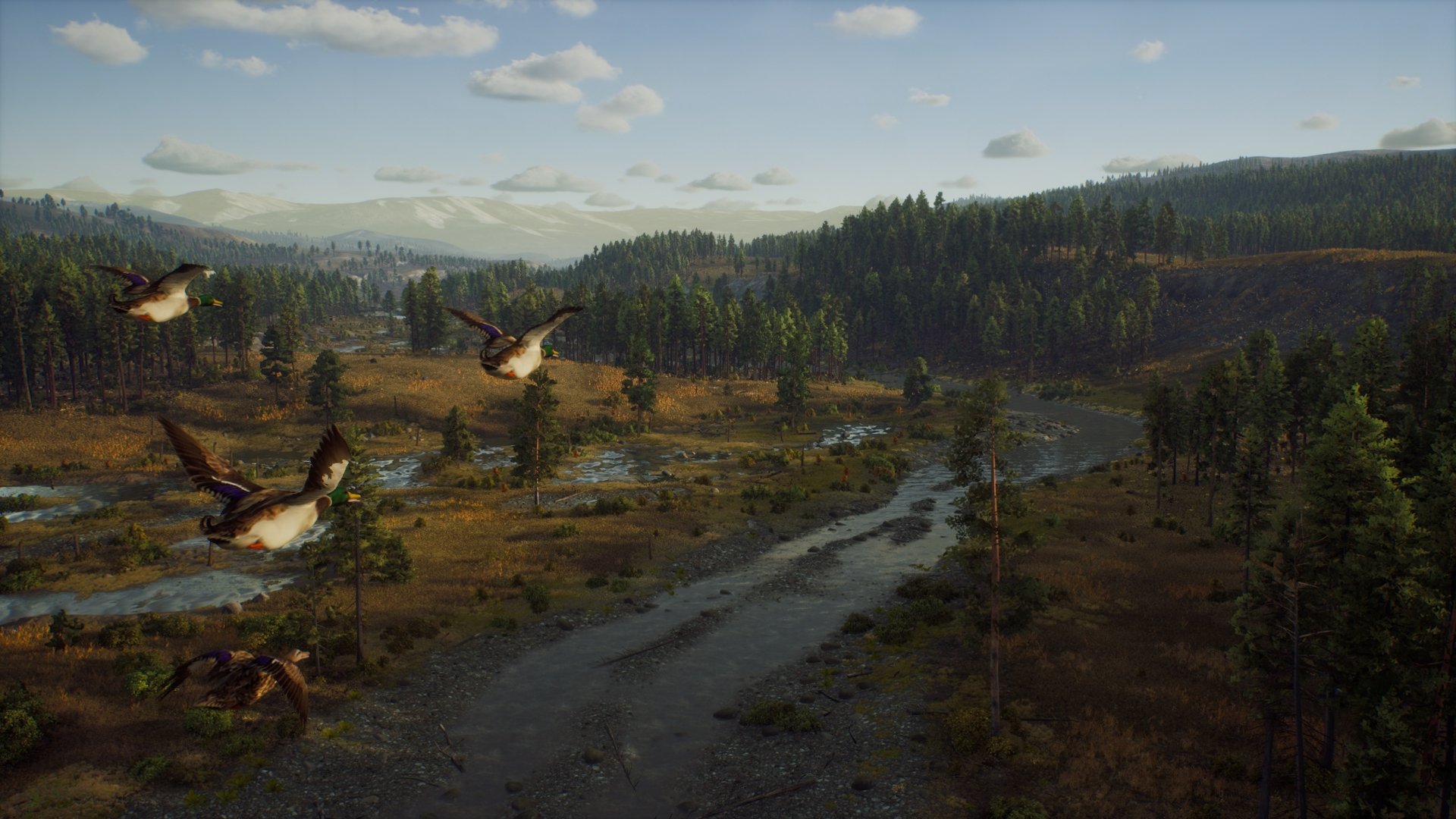 HD desktop wallpaper from Way of the Hunter featuring a scenic view of a forest with a river and flying ducks.