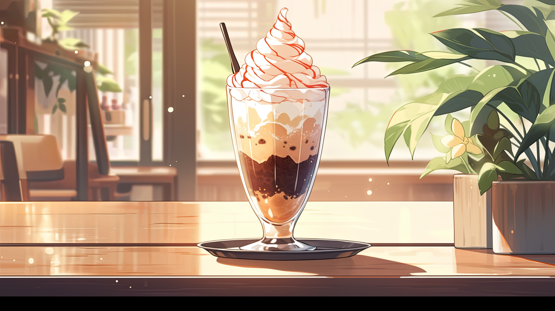 HD wallpaper of a delicious coffee milkshake with whipped cream, served on a sunny table with plants in the background.