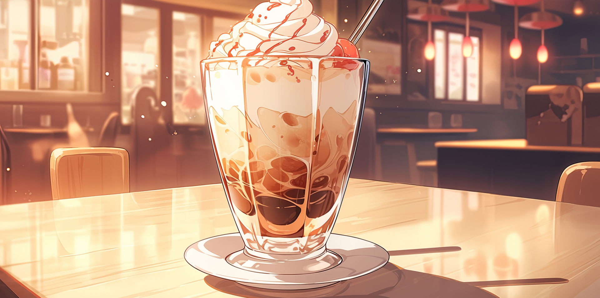 A delicious coffee milkshake topped with whipped cream and cherry, presented in a clear glass on a plate, set against a cozy café backdrop. Perfect HD desktop wallpaper for food lovers.