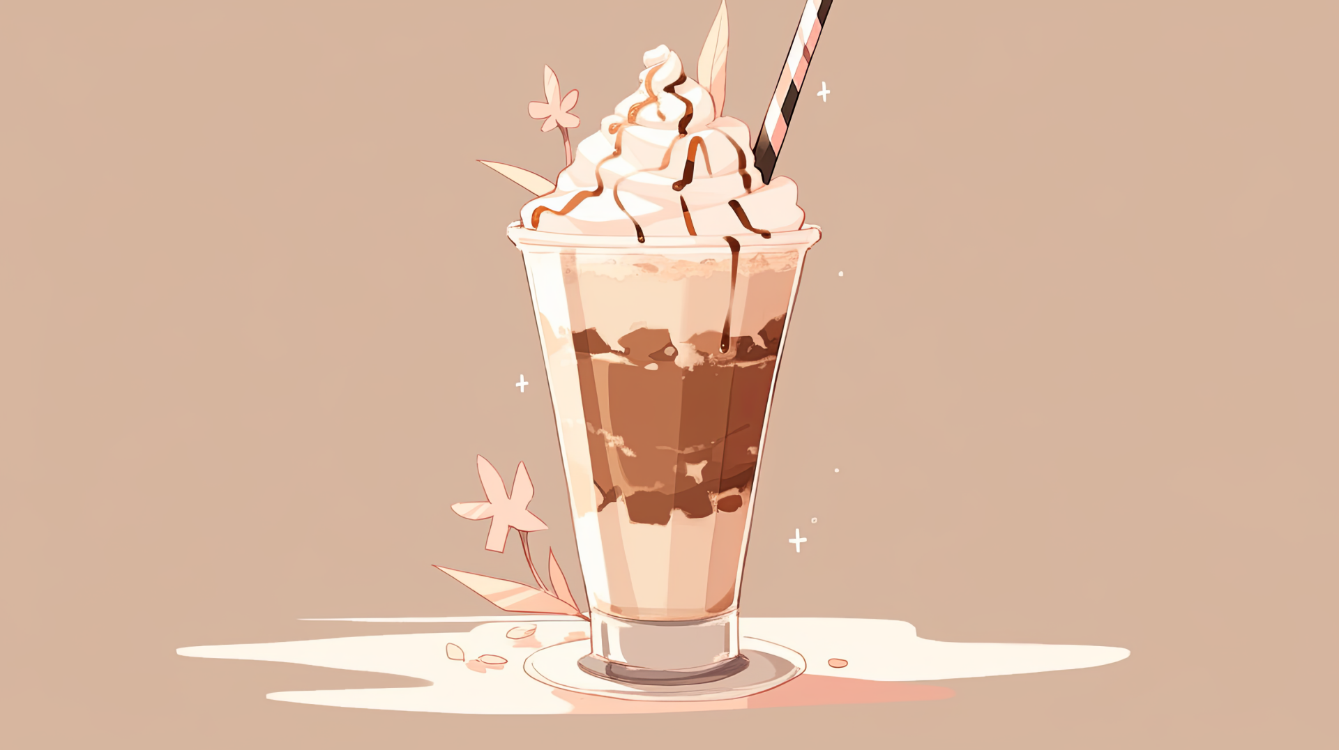HD desktop wallpaper of a delicious coffee milkshake with whipped cream on a warm beige background.