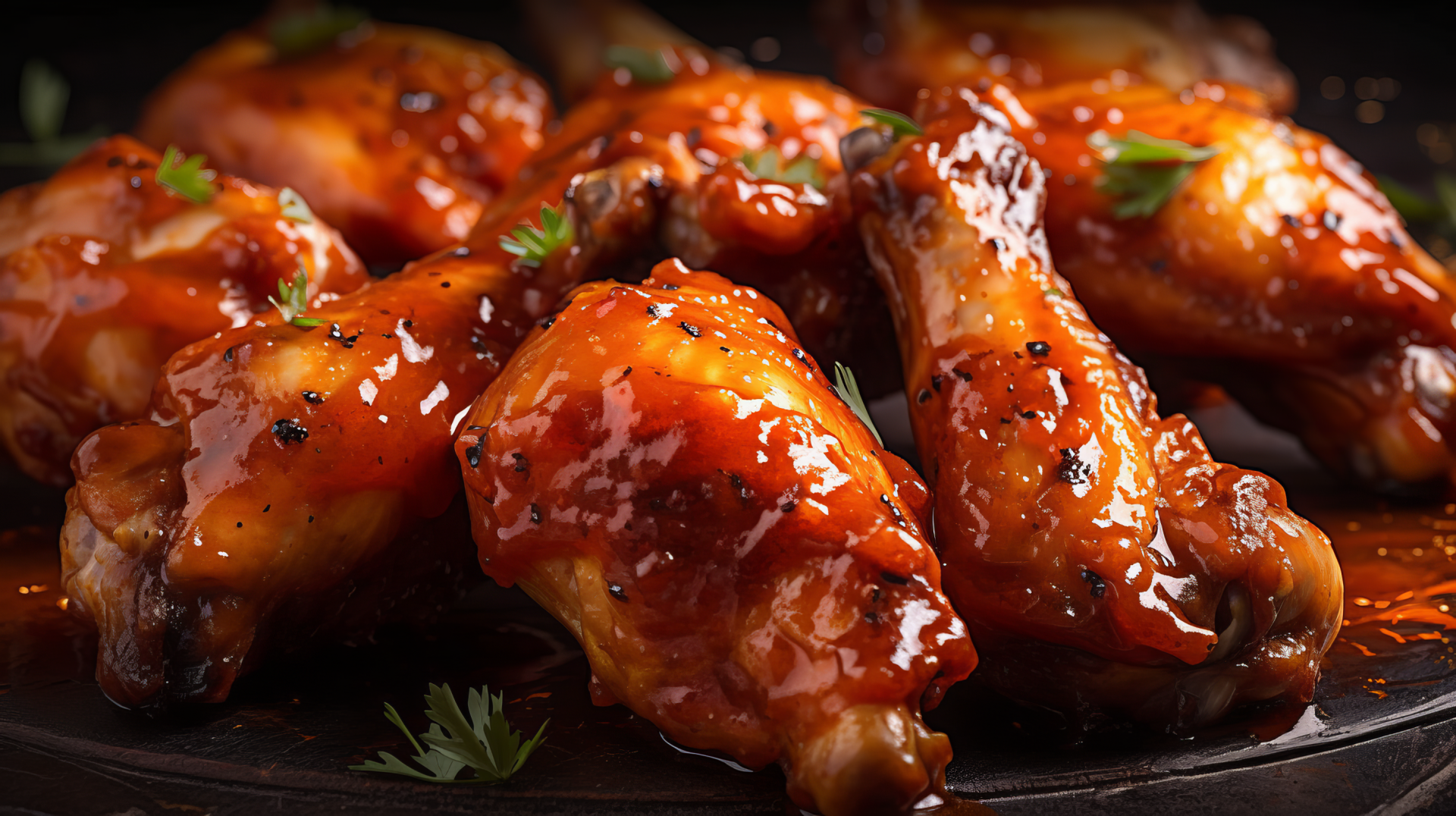 HD wallpaper of juicy glazed chicken wings with fresh herbs for desktop background.