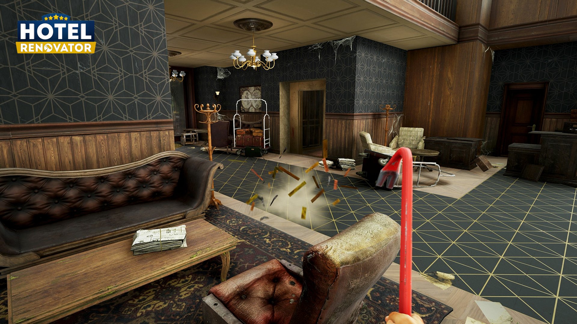 HD desktop wallpaper from the video game Hotel Renovator showing a dilapidated hotel lobby being renovated.