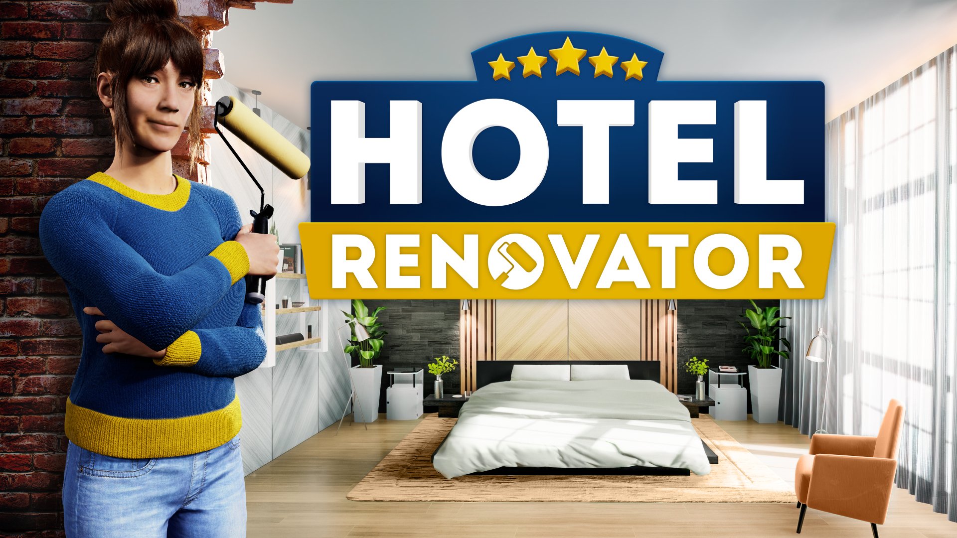 HD desktop wallpaper for Hotel Renovator video game featuring a woman holding a paint roller with a renovated hotel room background.