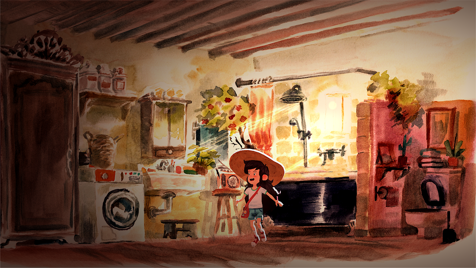 HD desktop wallpaper featuring a scene from the video game Dordogne, depicting a young girl in a sunlit, rustic kitchen, painted in warm, watercolor styles.