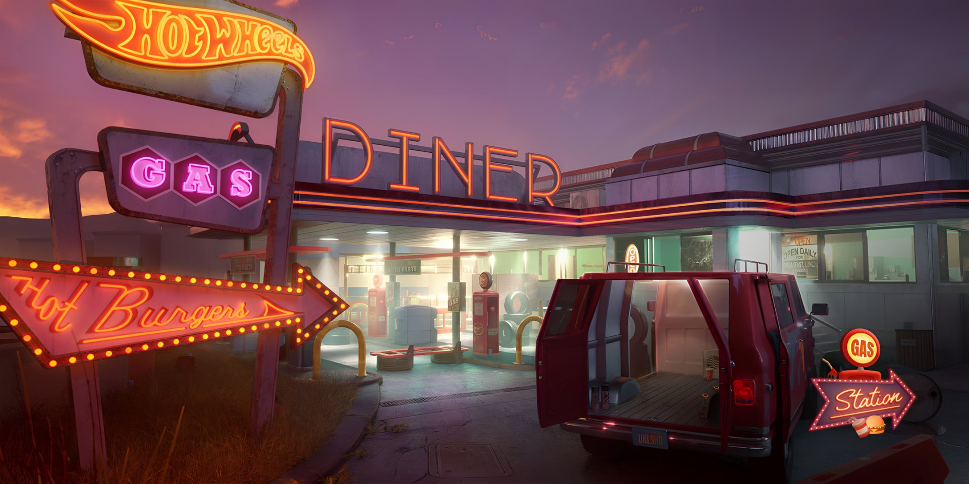 HD wallpaper from Hot Wheels Unleashed 2: Turbocharged featuring a neon-lit diner scene with a classic van parked outside.