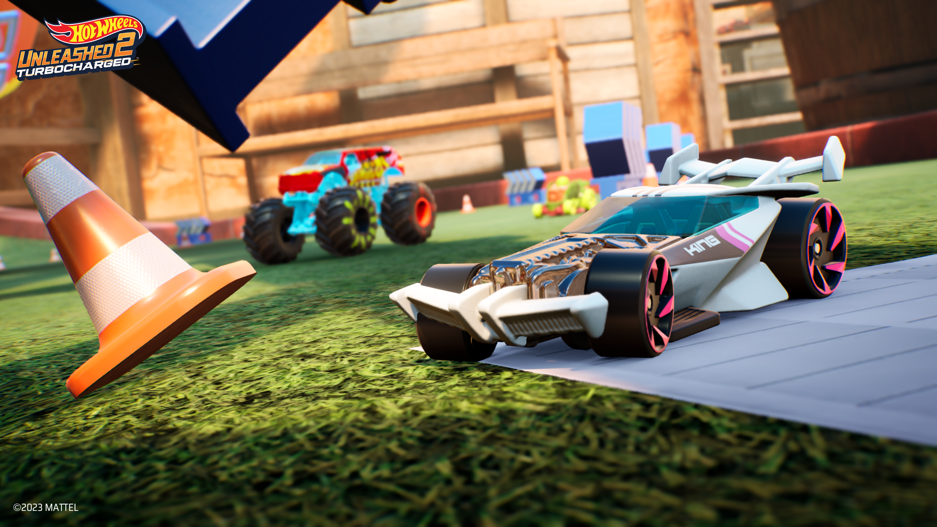 HD wallpaper for Hot Wheels Unleashed 2: Turbocharged, featuring racing cars on a track with vivid colors and dynamic detail.