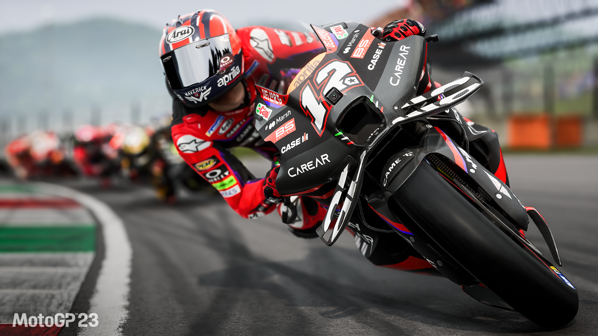 HD desktop wallpaper from MotoGP 23 featuring a dynamic scene of a motorcycle racer leaning into a sharp turn on the racetrack.