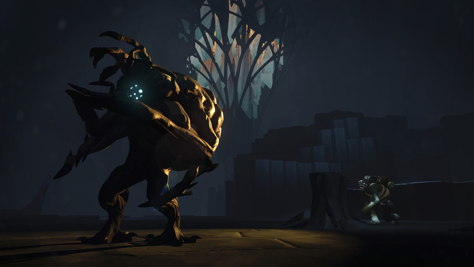 HD desktop wallpaper from the video game Edge of Nowhere featuring a thrilling scene with a large, monstrous creature confronting a small figure in a dark, eerie environment.