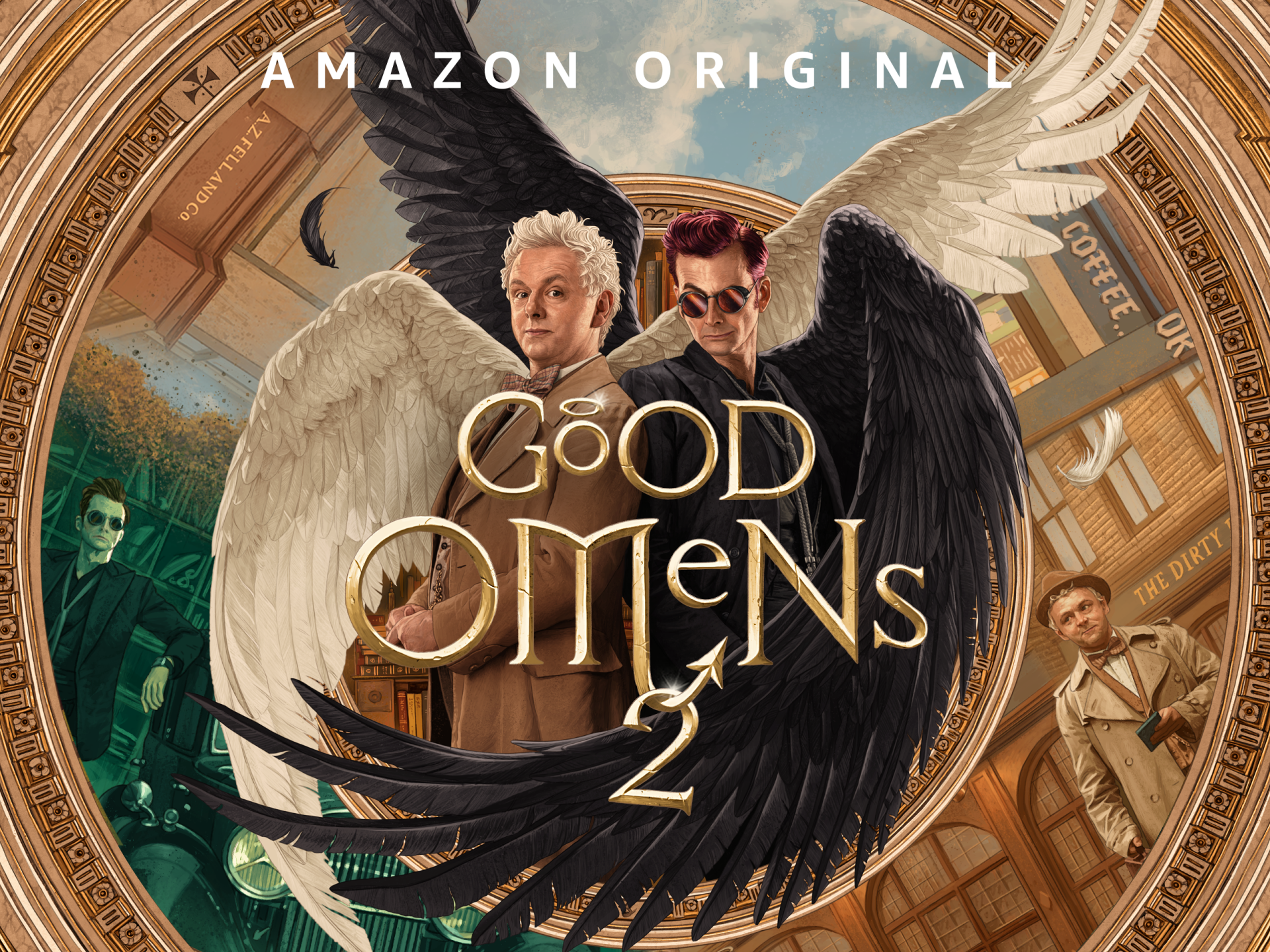Good Omens TV show 2K Quad HD PC desktop wallpaper: angelic figure with white wings and dark‑winged counterpart stand back-to-back before an ornate circular backdrop.