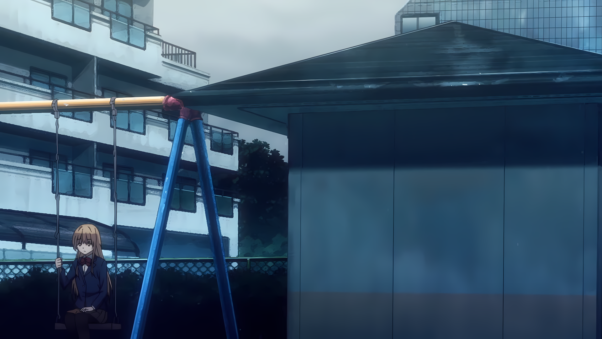 Mahiru Shiina from the anime The Angel Next Door Spoils Me Rotten sitting alone on a swing in a quiet, urban playground at dusk, detailed in 8K Ultra HD.