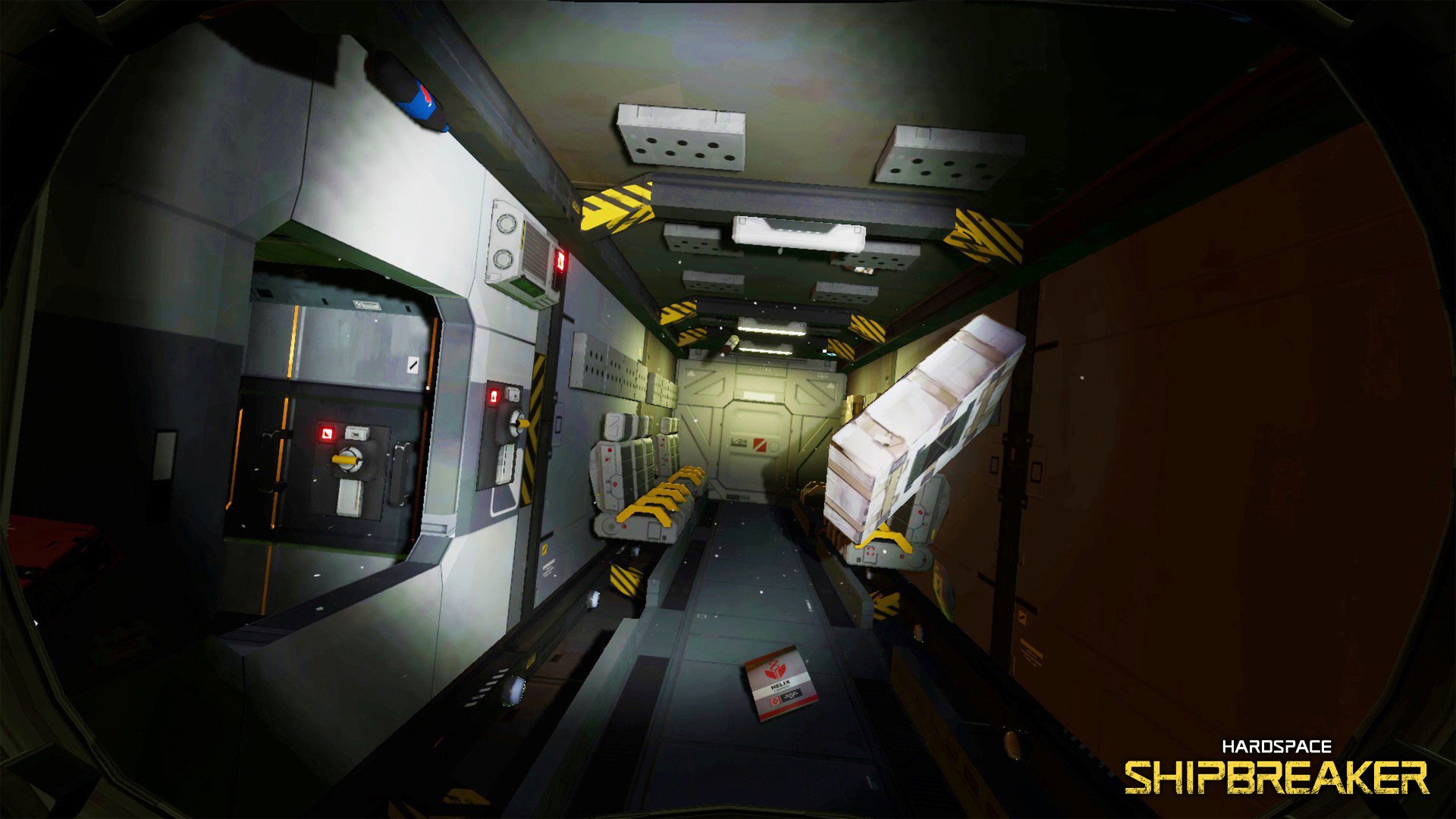 HD desktop wallpaper from Hardspace: Shipbreaker featuring a dimly lit spacecraft corridor with floating debris and ambient lighting.